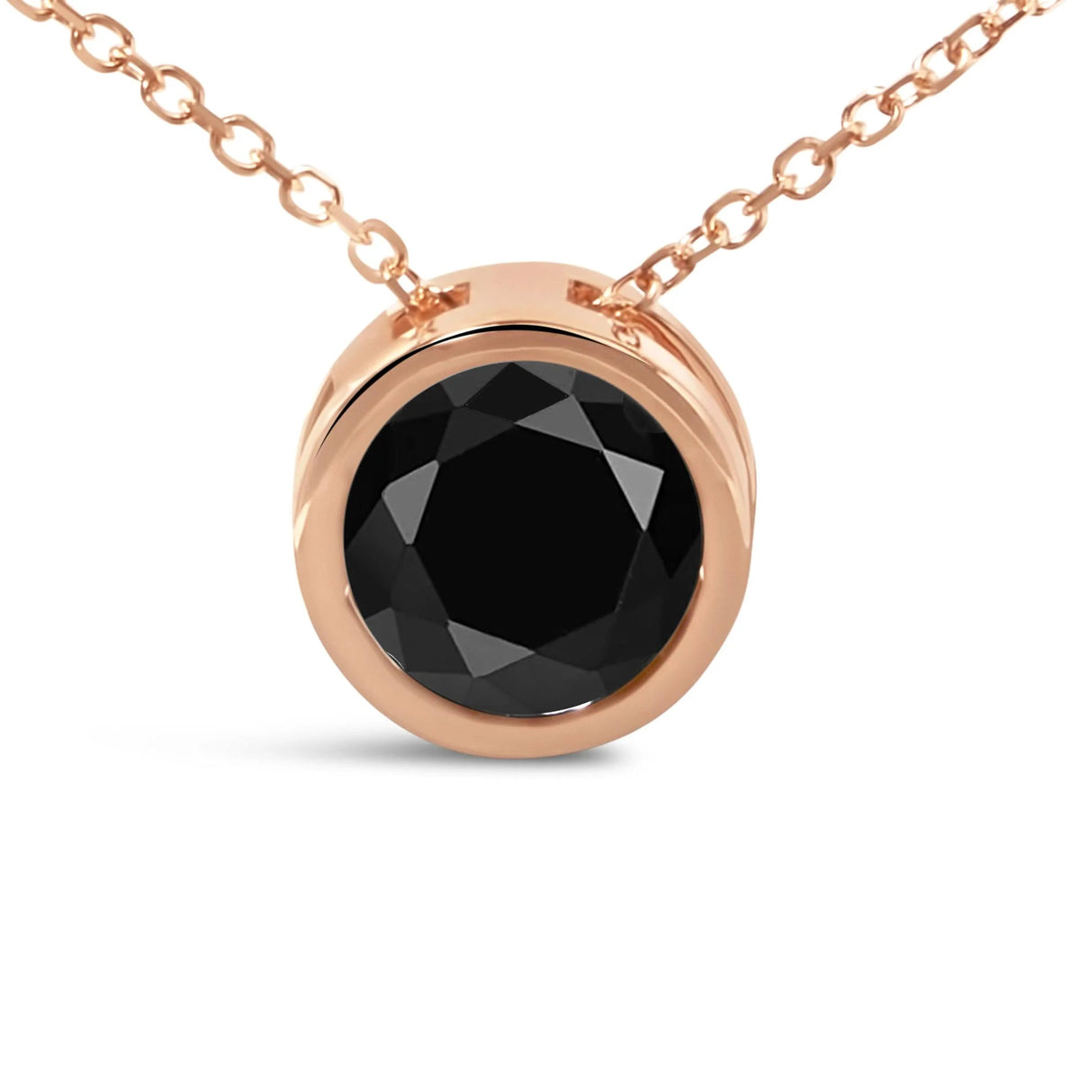 14K Rose Gold Bezel - Set Black Round Diamond Solitaire Pendant Necklace (Black Color, I2 - I3 Clarity) - 18" - LinkagejewelrydesignLinkagejewelrydesign