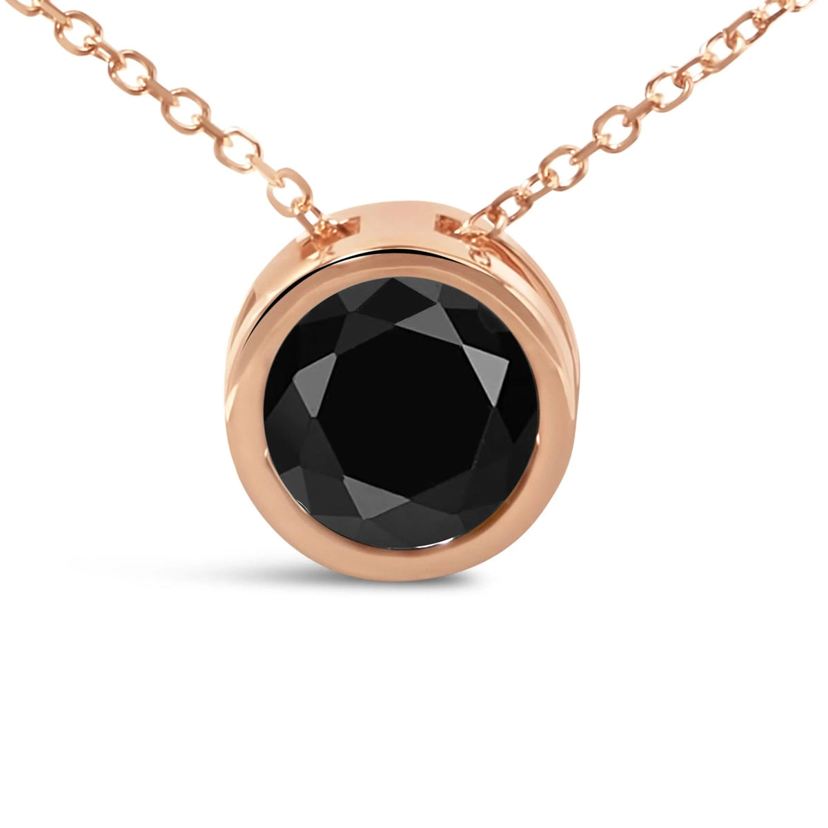 14K Rose Gold Bezel - Set Black Round Diamond Solitaire Pendant Necklace (Black Color, I2 - I3 Clarity) - 18" - LinkagejewelrydesignLinkagejewelrydesign