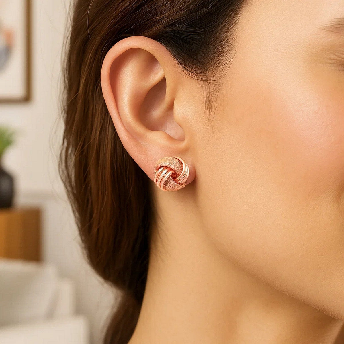 14k Rose Gold Love Knot with Ridge Texture Earrings - LinkagejewelrydesignLinkagejewelrydesign