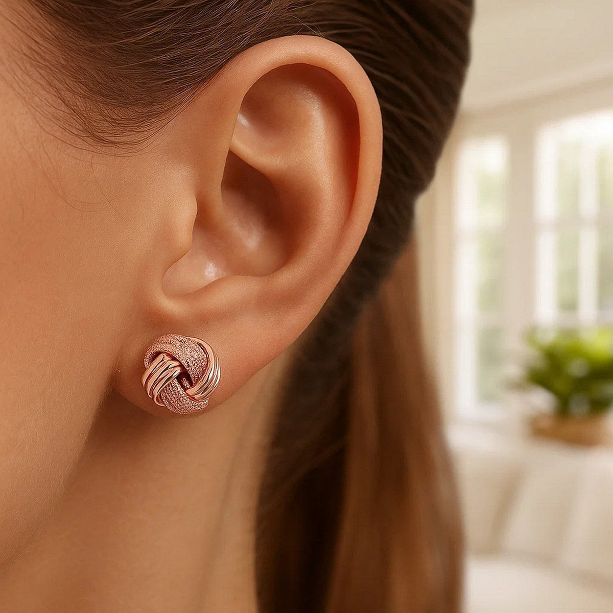 14k Rose Gold Love Knot with Ridge Texture Earrings - LinkagejewelrydesignLinkagejewelrydesign