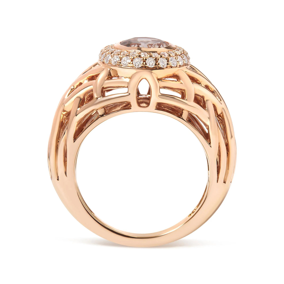 14K Rose Gold Oval Cut Light Pink Morganite and 3/8 Cttw Diamonds Halo and Basket Weave Cocktail Ring (G - H Color, SI1 - SI2 Clarity) - Size 7 - LinkagejewelrydesignLinkagejewelrydesign