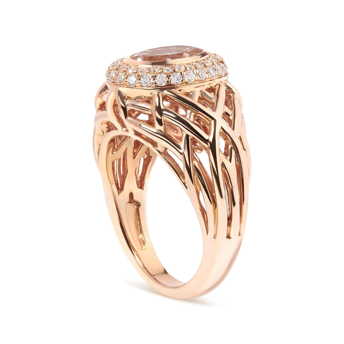 14K Rose Gold Oval Cut Light Pink Morganite and 3/8 Cttw Diamonds Halo and Basket Weave Cocktail Ring (G - H Color, SI1 - SI2 Clarity) - Size 7 - LinkagejewelrydesignLinkagejewelrydesign
