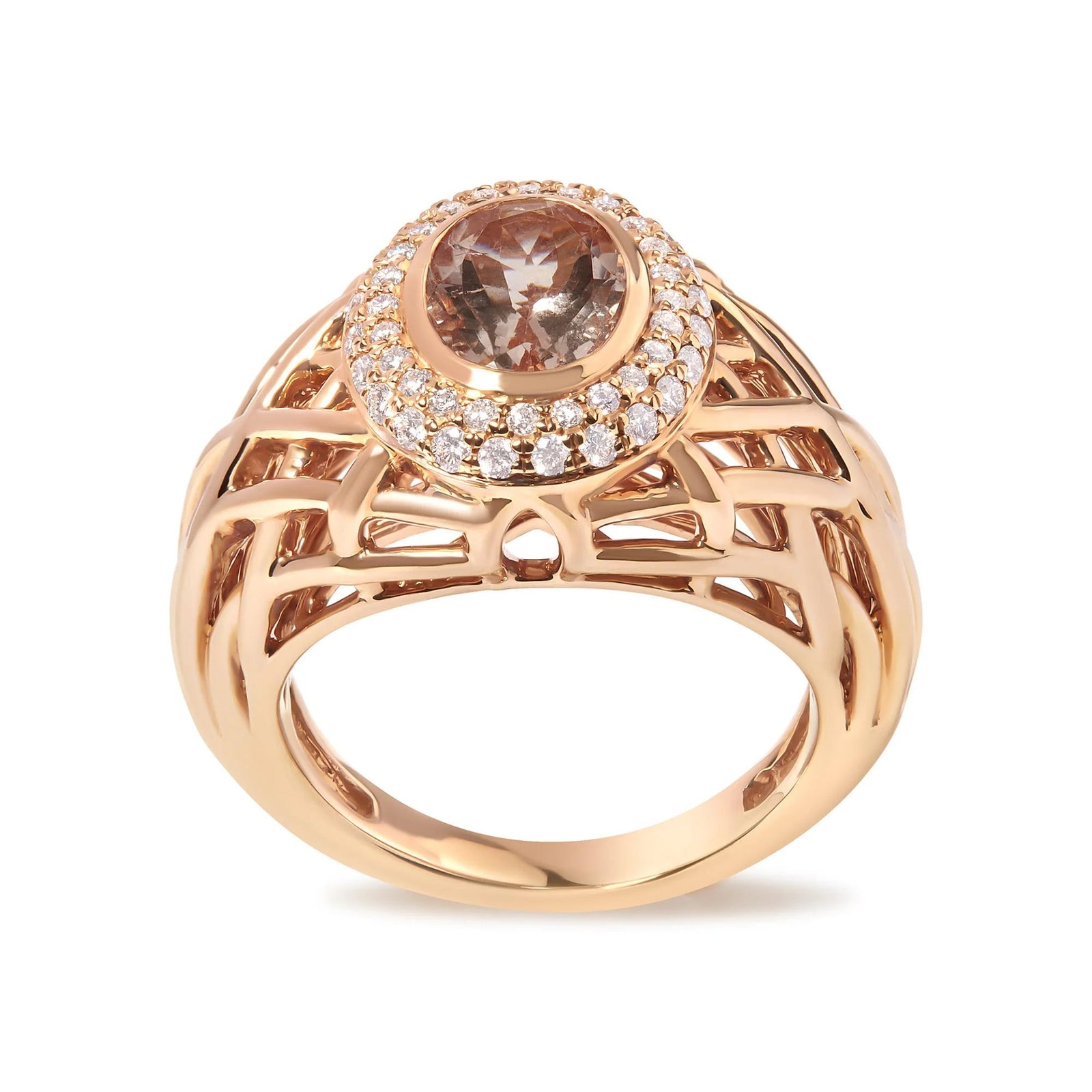 14K Rose Gold Oval Cut Light Pink Morganite and 3/8 Cttw Diamonds Halo and Basket Weave Cocktail Ring (G - H Color, SI1 - SI2 Clarity) - Size 7 - LinkagejewelrydesignLinkagejewelrydesign