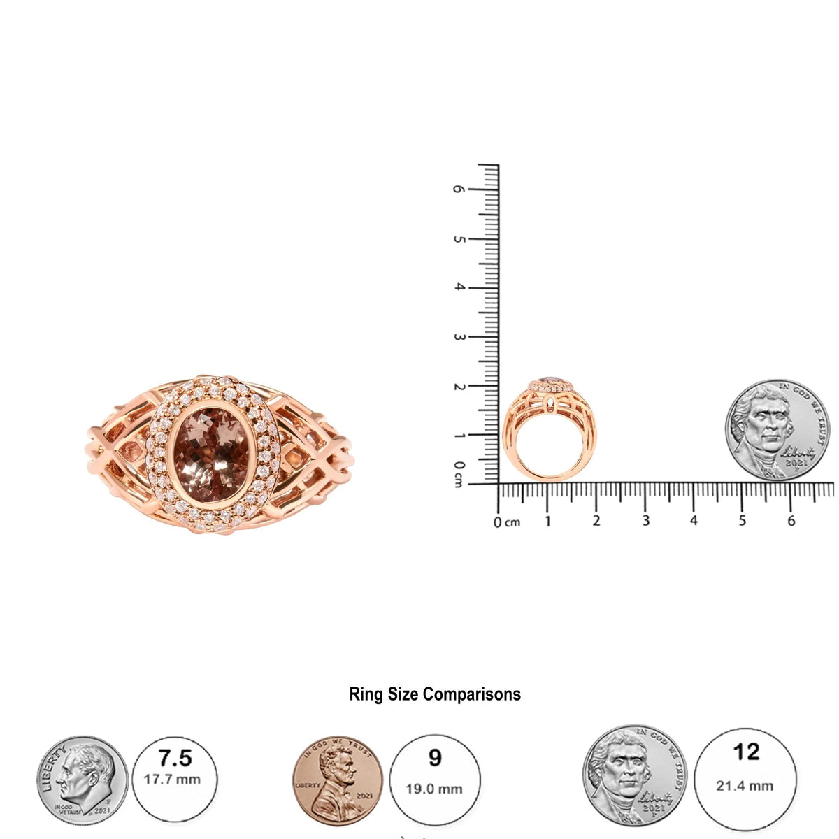 14K Rose Gold Oval Cut Light Pink Morganite and 3/8 Cttw Diamonds Halo and Basket Weave Cocktail Ring (G - H Color, SI1 - SI2 Clarity) - Size 7 - LinkagejewelrydesignLinkagejewelrydesign