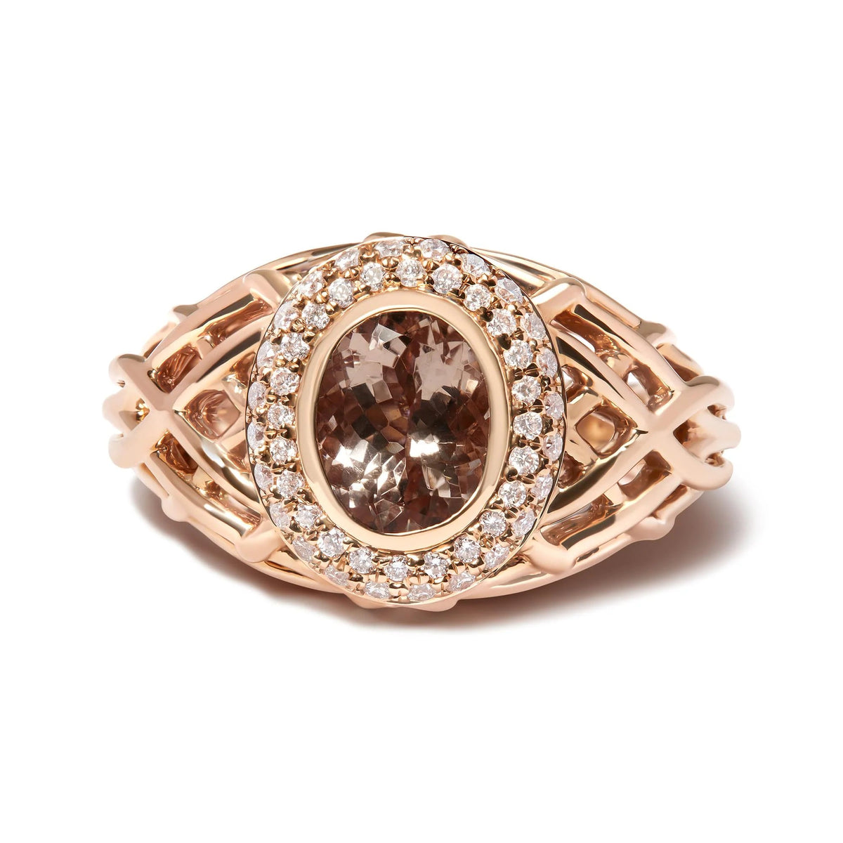 14K Rose Gold Oval Cut Light Pink Morganite and 3/8 Cttw Diamonds Halo and Basket Weave Cocktail Ring (G - H Color, SI1 - SI2 Clarity) - Size 7 - LinkagejewelrydesignLinkagejewelrydesign