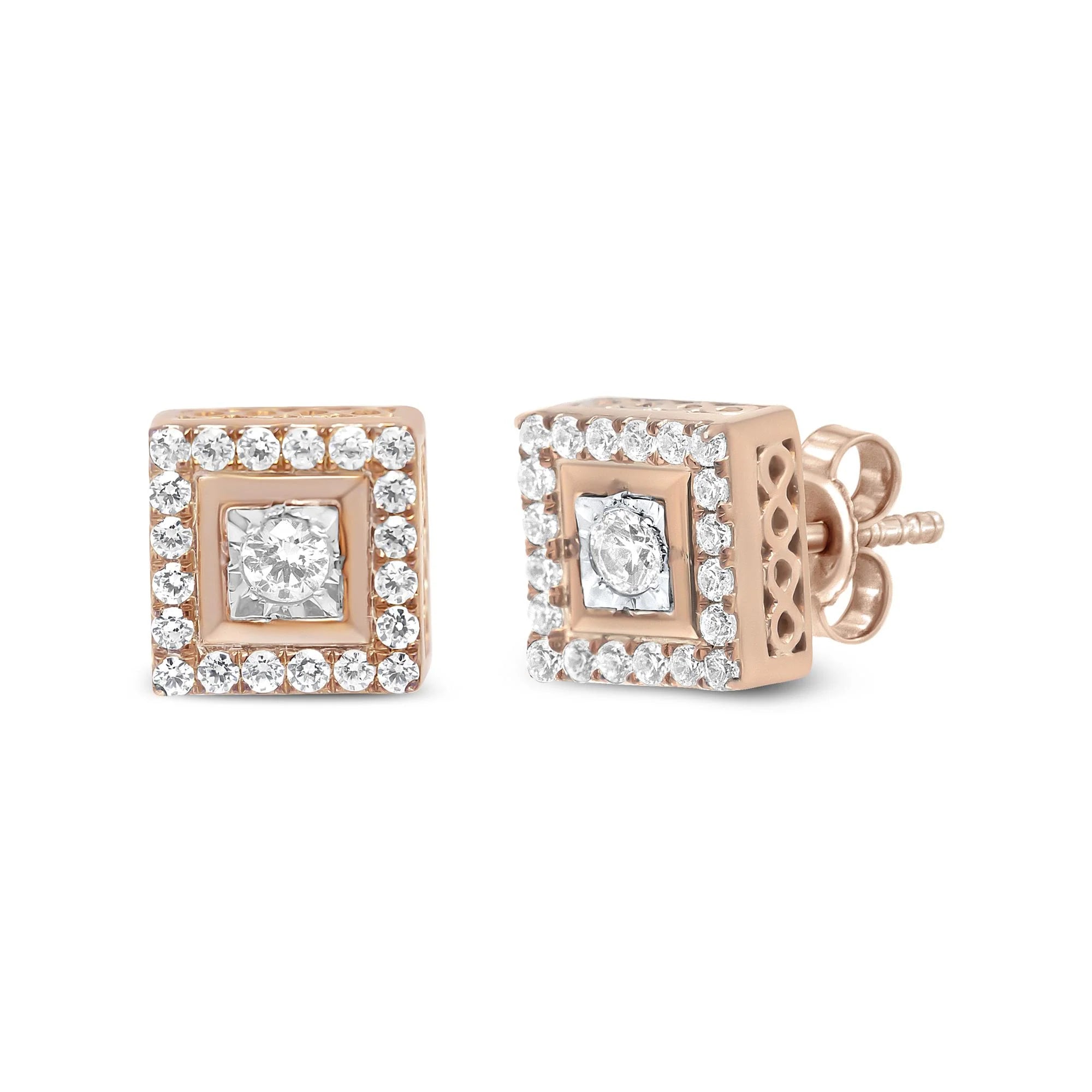 14K Rose Gold Plated .925 Sterling Silver 1/2 Cttw Diamond Halo Square - Shaped Frame Stud Earring (I - J Color, I3 Clarity) - LinkagejewelrydesignLinkagejewelrydesign