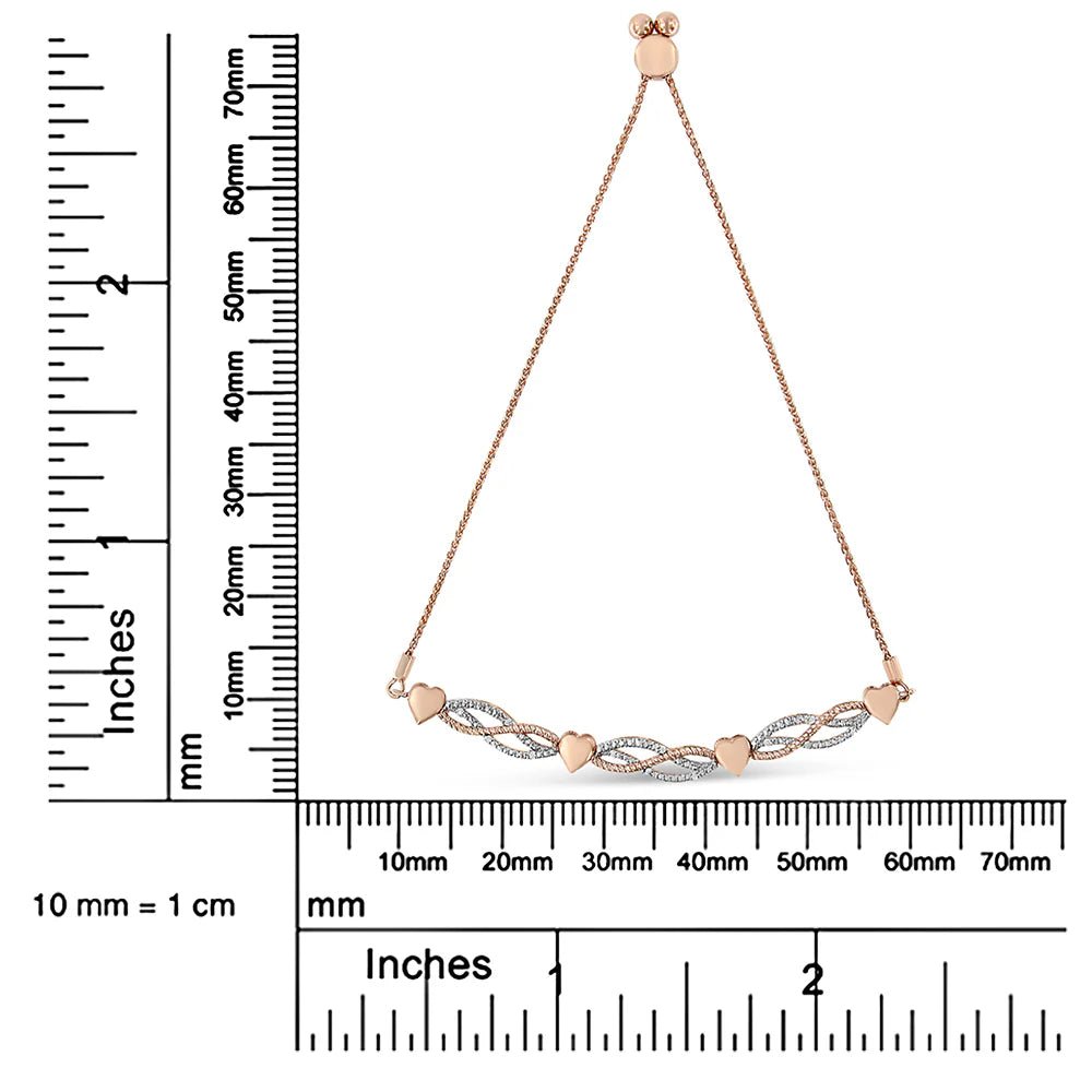 14K Rose Gold Plated .925 Sterling Silver Cttw Diamond Accent Layered Infinity Link and Heart Adjustable 4” - 10” Adjustable Bolo Bracelet (I - J Color, I3 Clarity) - LinkagejewelrydesignLinkagejewelrydesign