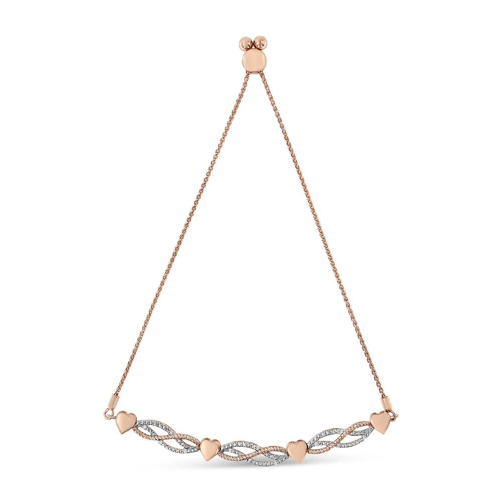 14K Rose Gold Plated .925 Sterling Silver Cttw Diamond Accent Layered Infinity Link and Heart Adjustable 4” - 10” Adjustable Bolo Bracelet (I - J Color, I3 Clarity) - LinkagejewelrydesignLinkagejewelrydesign