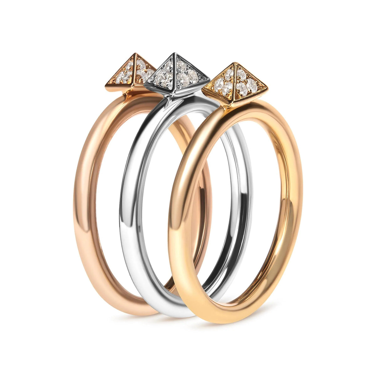 14K Tri Color Gold 1/3 Cttw Diamond Pyramid Stackable Band Ring Set (G - H Color, SI1 - SI2 Clarity) - Size 7 - LinkagejewelrydesignLinkagejewelrydesign