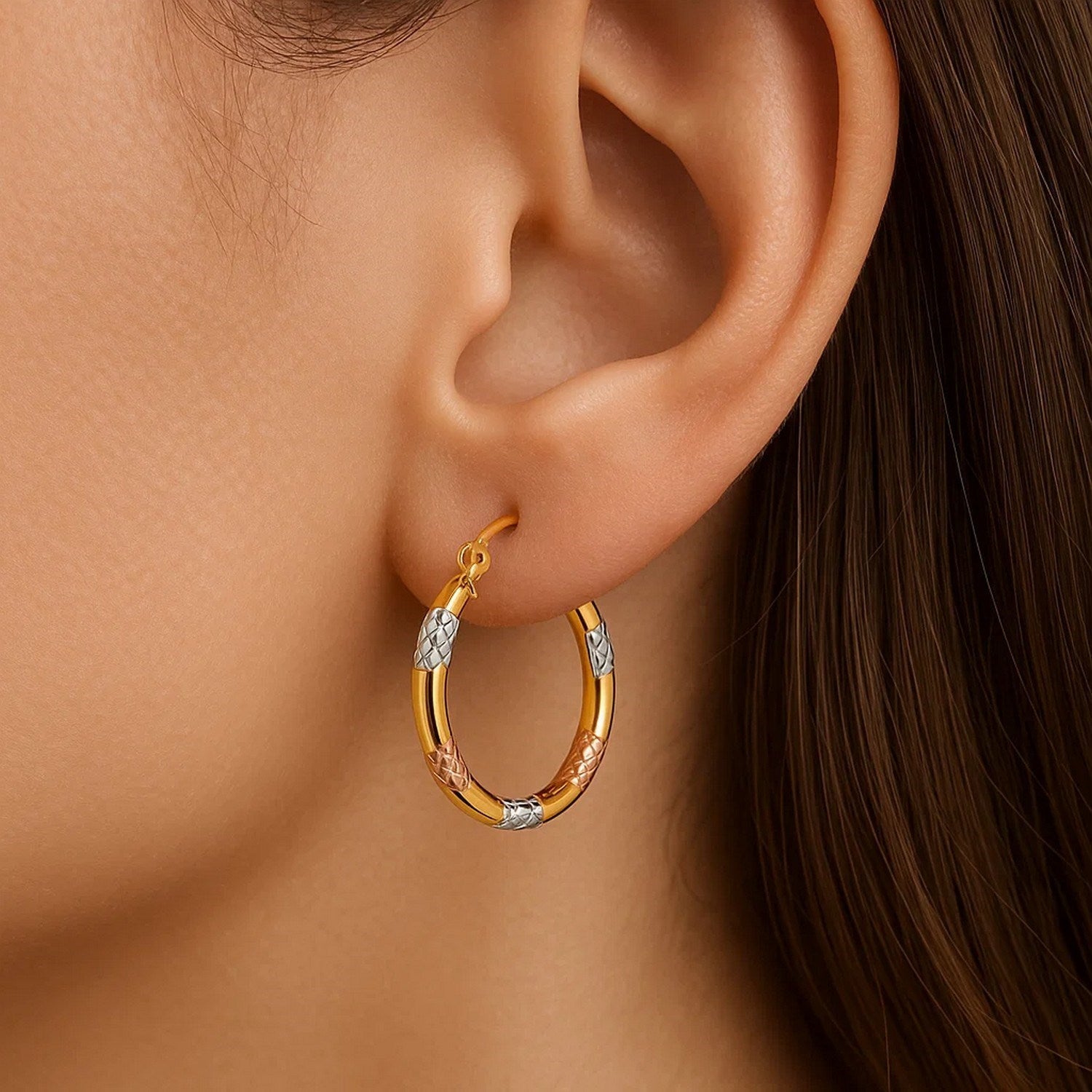 14k Tri - Color Gold Classic Hoop Earrings with Diamond Cut Details - LinkagejewelrydesignLinkagejewelrydesign