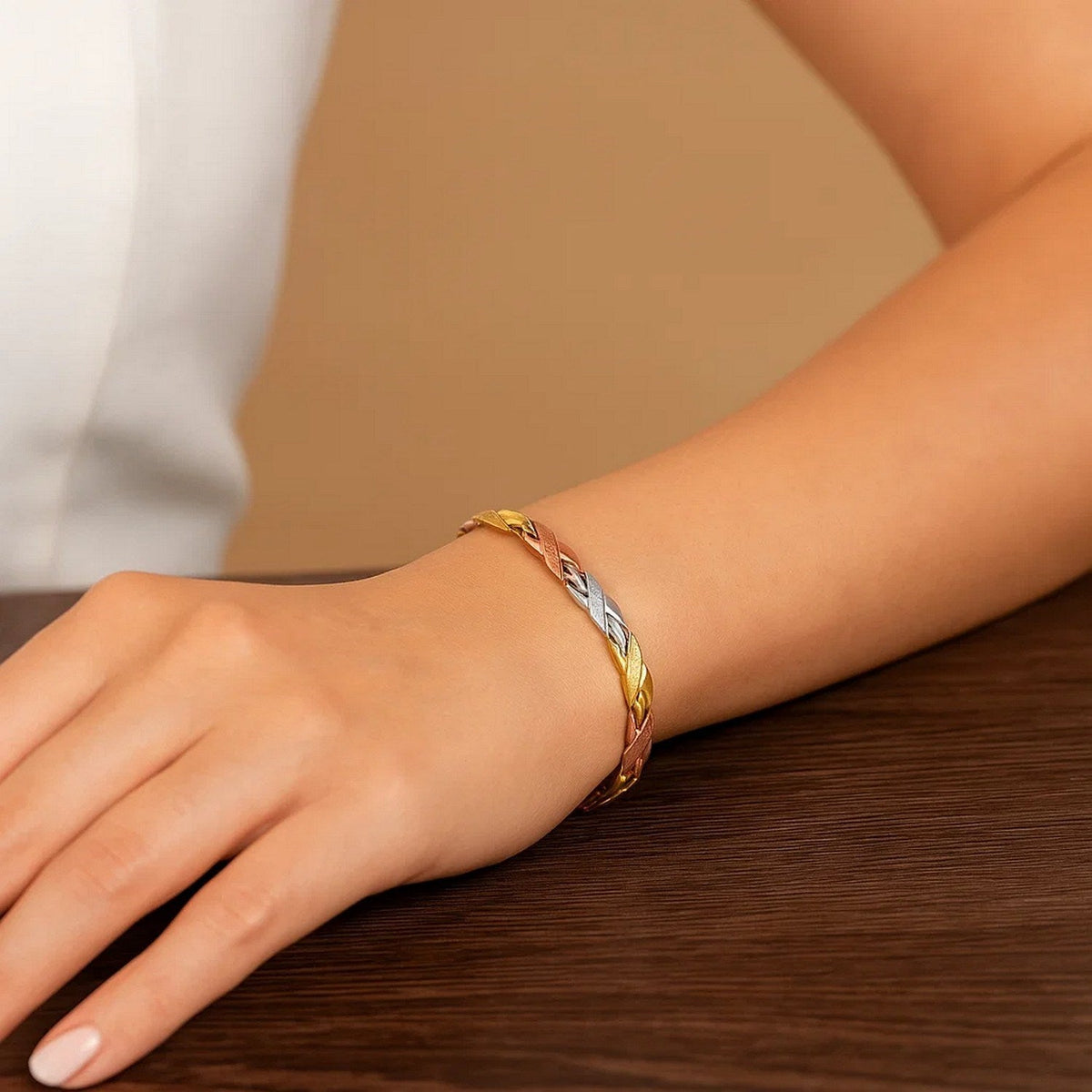 14k Tri - Color Gold Shiny and Textured X Link Bracelet (6.35 mm) - LinkagejewelrydesignLinkagejewelrydesign