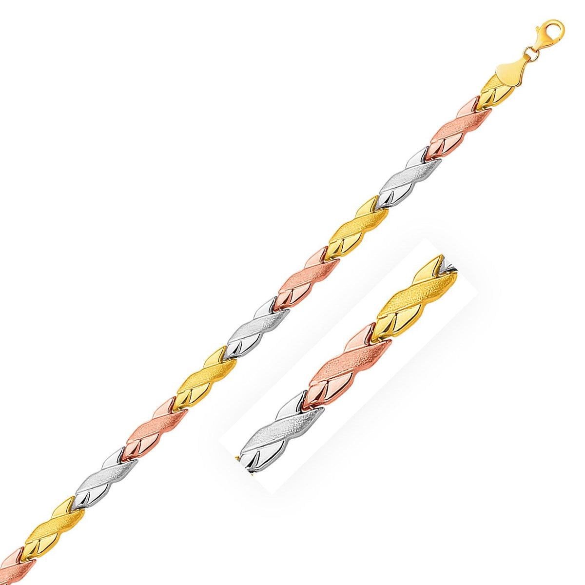 14k Tri - Color Gold Shiny and Textured X Link Bracelet (6.35 mm) - LinkagejewelrydesignLinkagejewelrydesign