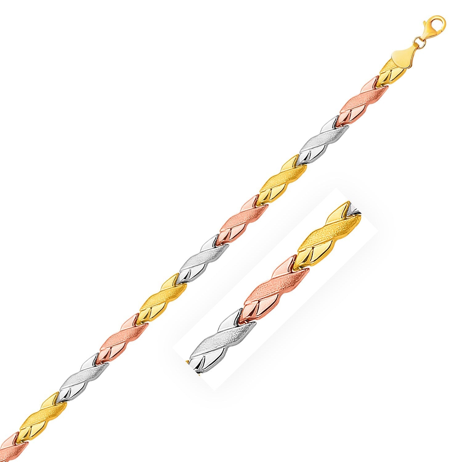 14k Tri - Color Gold Shiny and Textured X Link Bracelet (6.35 mm) - LinkagejewelrydesignLinkagejewelrydesign
