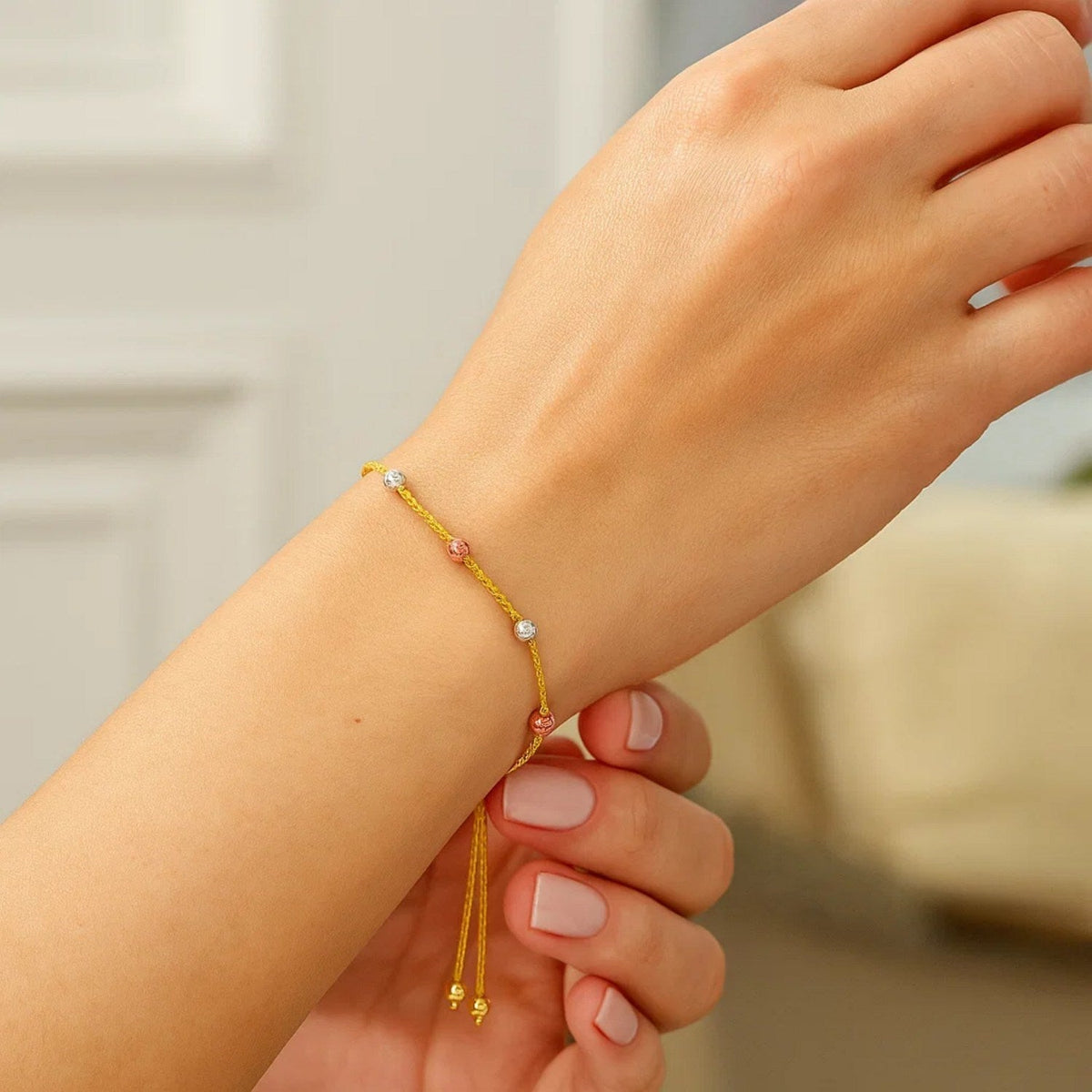 14k Tri - Color Gold Textured Bead Station Lariat Bracelet - LinkagejewelrydesignLinkagejewelrydesign
