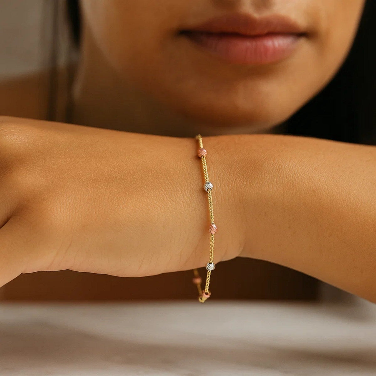 14k Tri - Color Gold Textured Bead Station Lariat Bracelet - LinkagejewelrydesignLinkagejewelrydesign