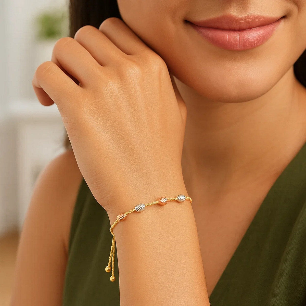 14k Tri - Color Gold Textured Oval Station Lariat Style Bracelet (1.20 mm) - LinkagejewelrydesignLinkagejewelrydesign