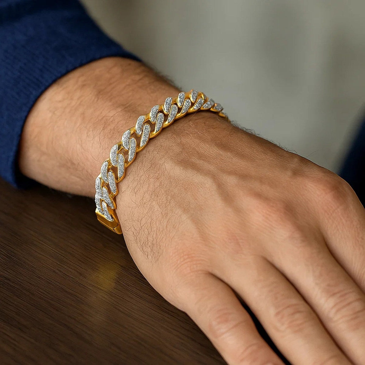 14k Two Tone Gold 8 1/2 inch Curb Chain Bracelet with White Pave (11.50 mm) - LinkagejewelrydesignLinkagejewelrydesign