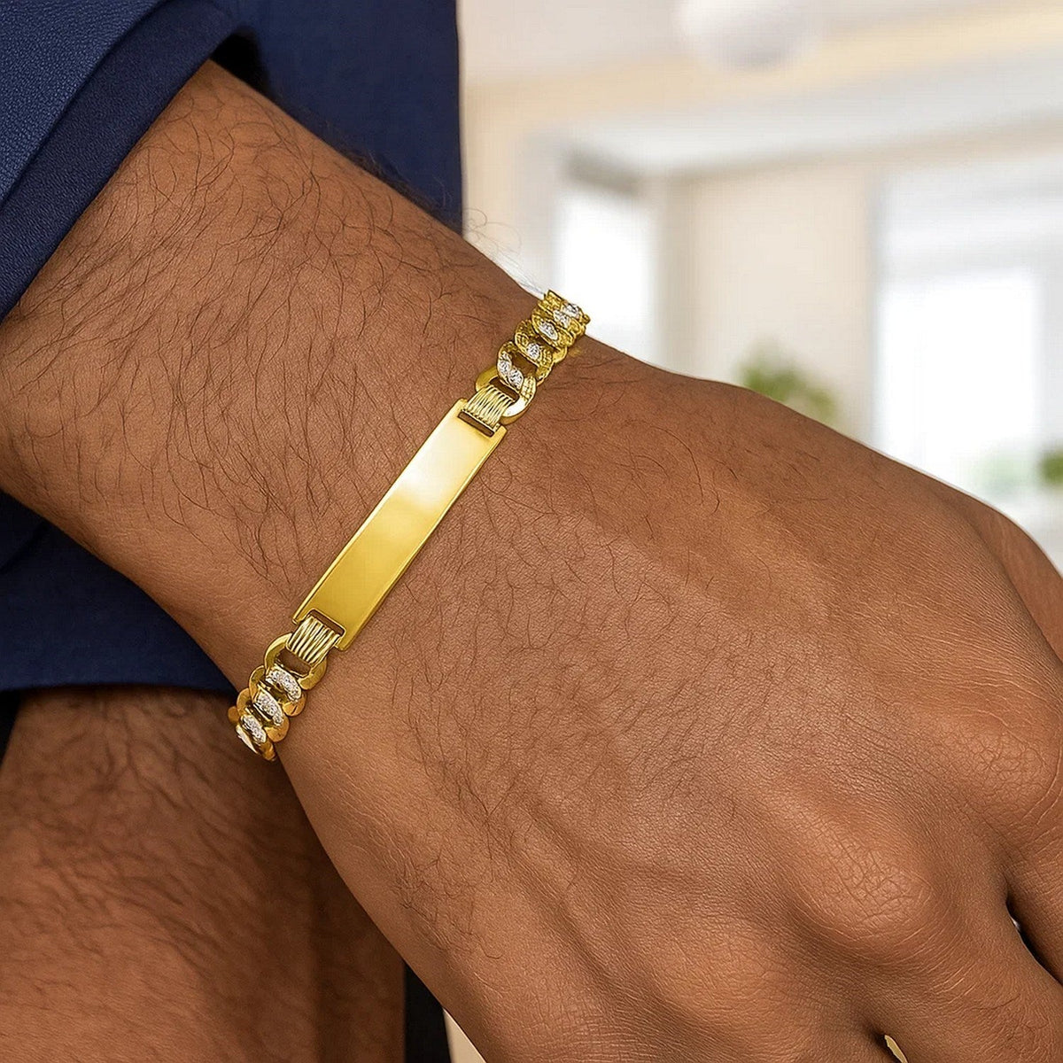 14k Two Tone Gold 8 1/2 inch Mens Curb Chain ID Bracelet with White Pave (8.30 mm) - LinkagejewelrydesignLinkagejewelrydesign