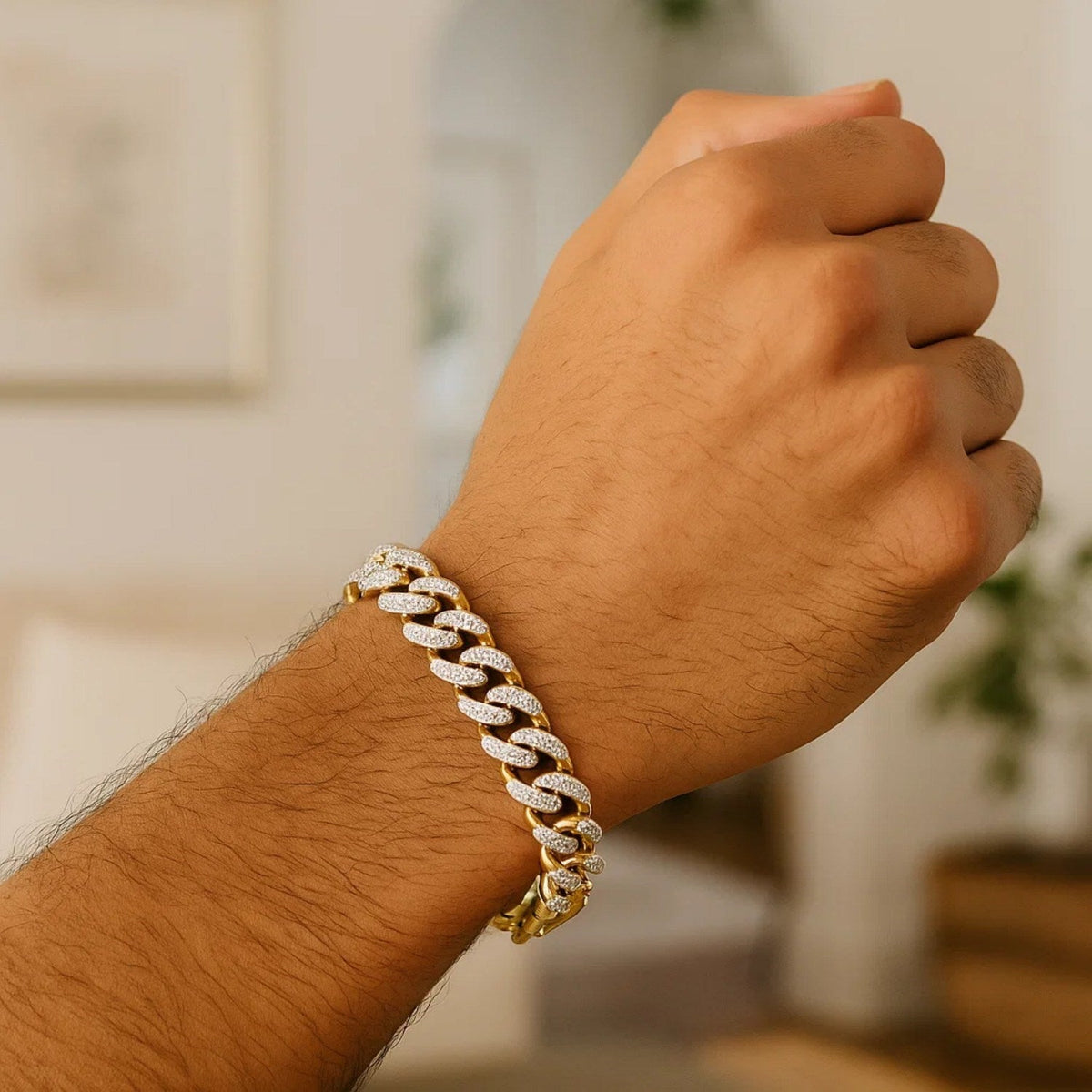 14k Two Tone Gold 8 1/4 inch Curb Chain Bracelet with White Pave - LinkagejewelrydesignLinkagejewelrydesign