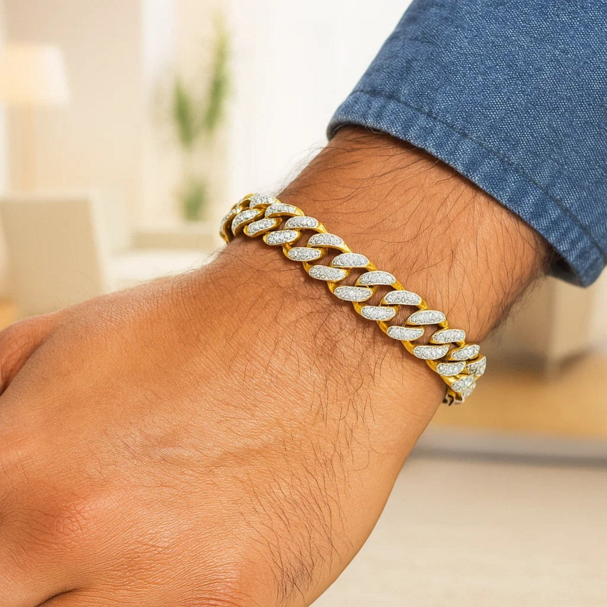 14k Two Tone Gold 8 1/4 inch Curb Chain Bracelet with White Pave - LinkagejewelrydesignLinkagejewelrydesign