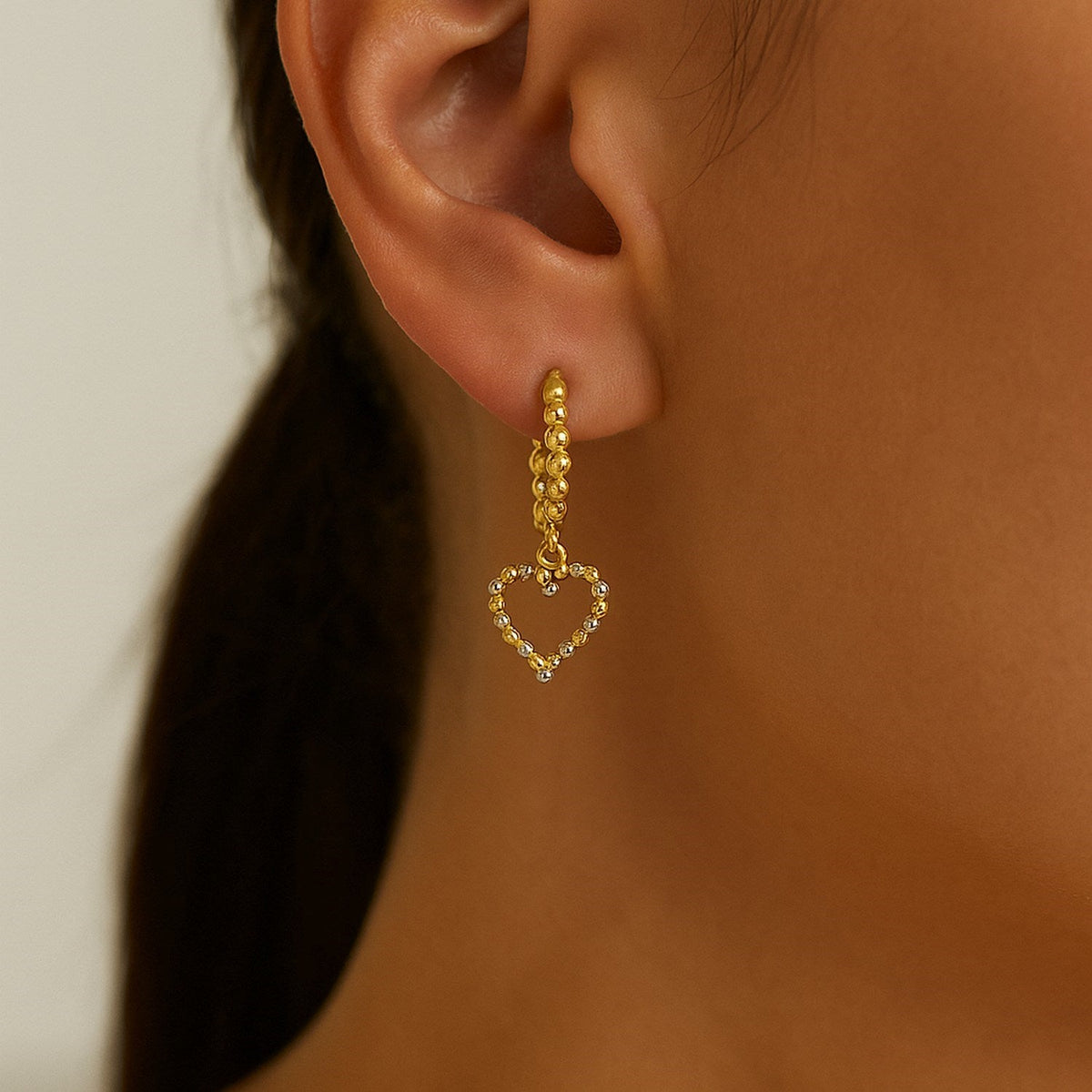 14k Two Tone Gold Beaded Hoop Earrings with Hearts - LinkagejewelrydesignLinkagejewelrydesign
