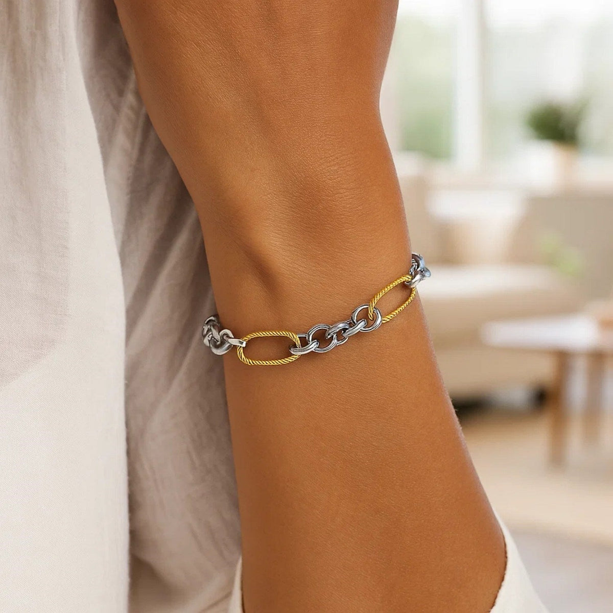 14k Two - Tone Gold Bracelet with Cable Textured Oval and Round Links (7.10 mm) - LinkagejewelrydesignLinkagejewelrydesign