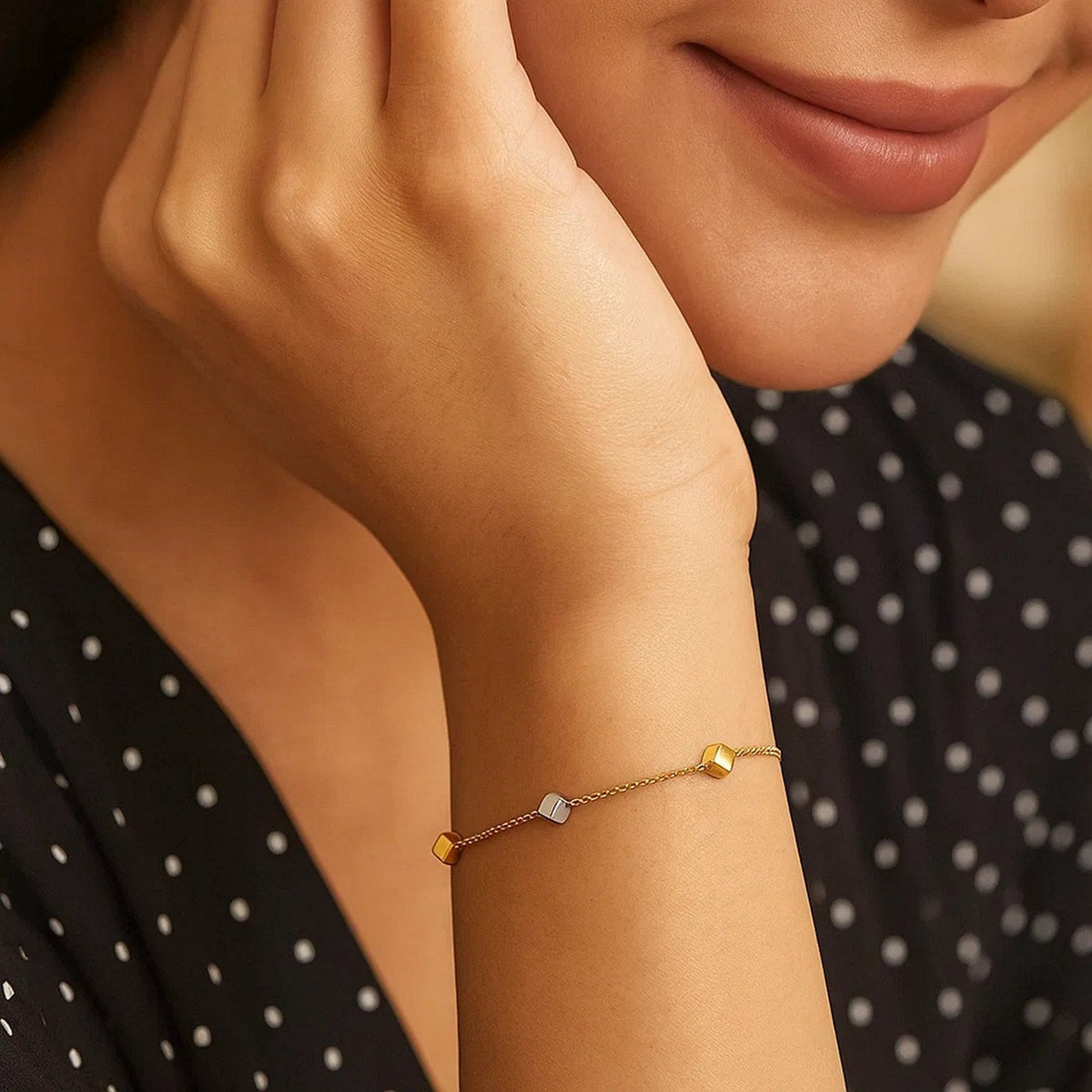 14k Two Tone Gold Bracelet with Polished Cubes - LinkagejewelrydesignLinkagejewelrydesign