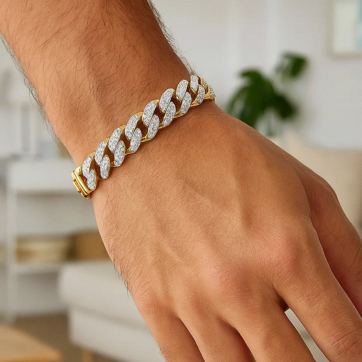 14k Two Tone Gold Curb Chain Bracelet with Diamond Pave Links - LinkagejewelrydesignLinkagejewelrydesign