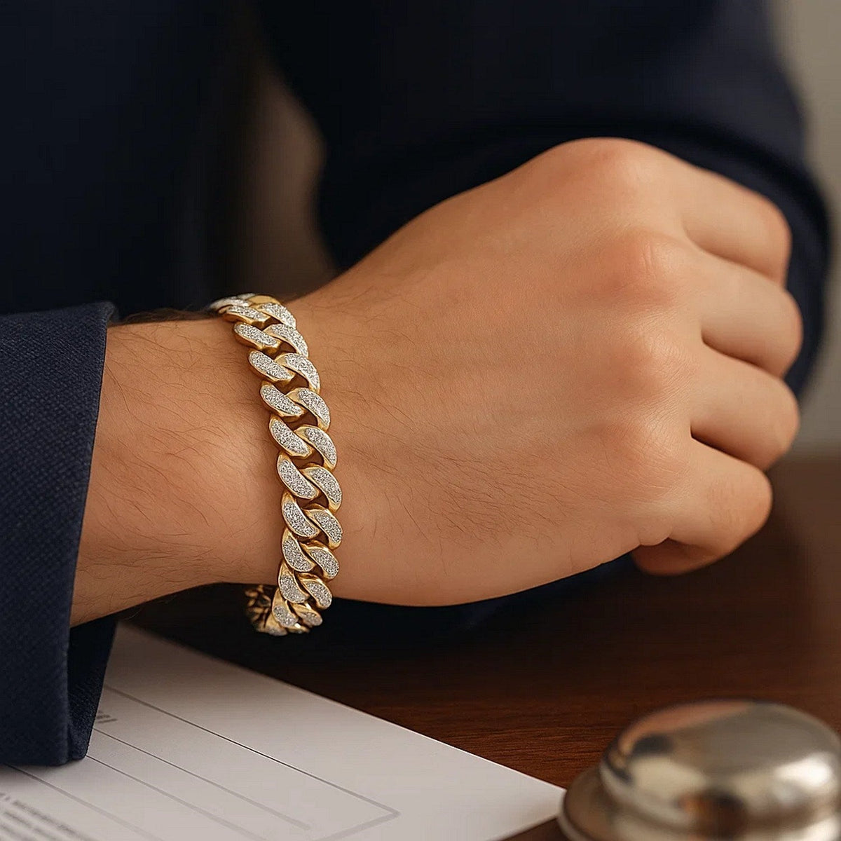 14k Two Tone Gold Curb Chain Bracelet with Diamond Pave Links - LinkagejewelrydesignLinkagejewelrydesign