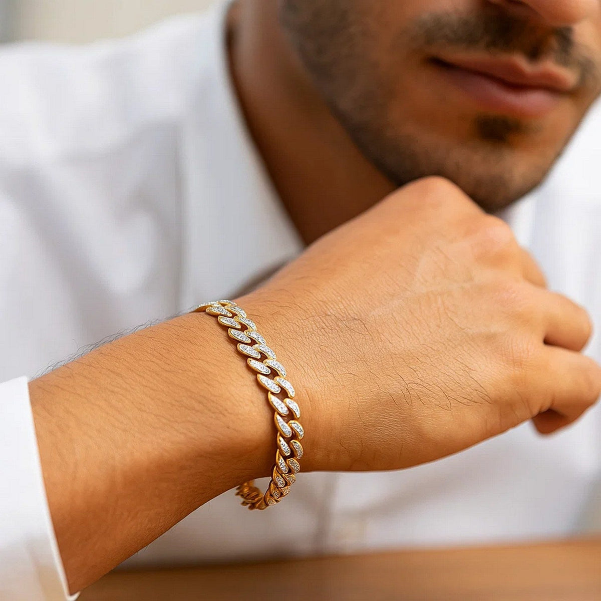 14k Two Tone Gold Curb Chain Bracelet with Diamond Pave Links (9.50 mm) - LinkagejewelrydesignLinkagejewelrydesign