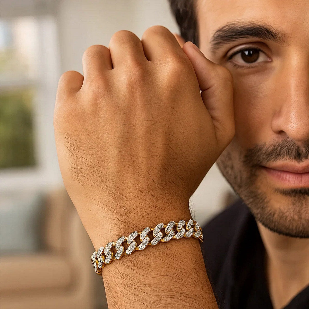 14k Two Tone Gold Curb Chain Bracelet with Diamond Pave Links (9.50 mm) - LinkagejewelrydesignLinkagejewelrydesign