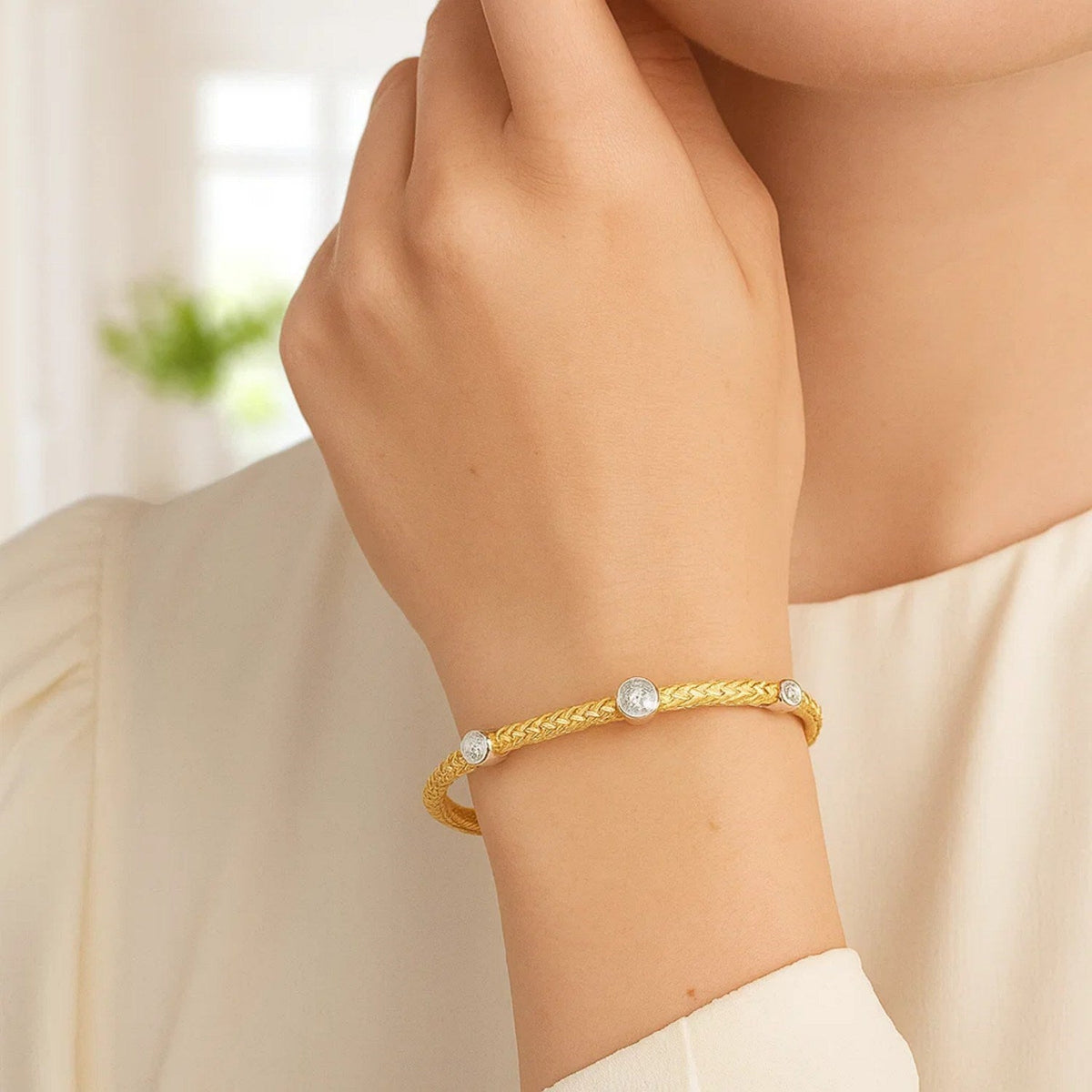 14k Two - Tone Gold Diamond Accent Station Basket Weave Bracelet - LinkagejewelrydesignLinkagejewelrydesign