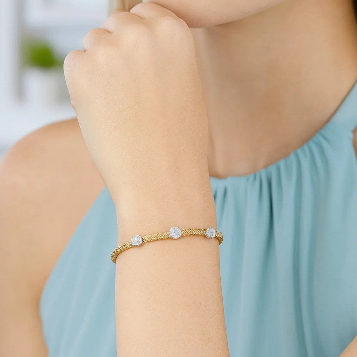 14k Two - Tone Gold Diamond Accent Station Basket Weave Bracelet - LinkagejewelrydesignLinkagejewelrydesign