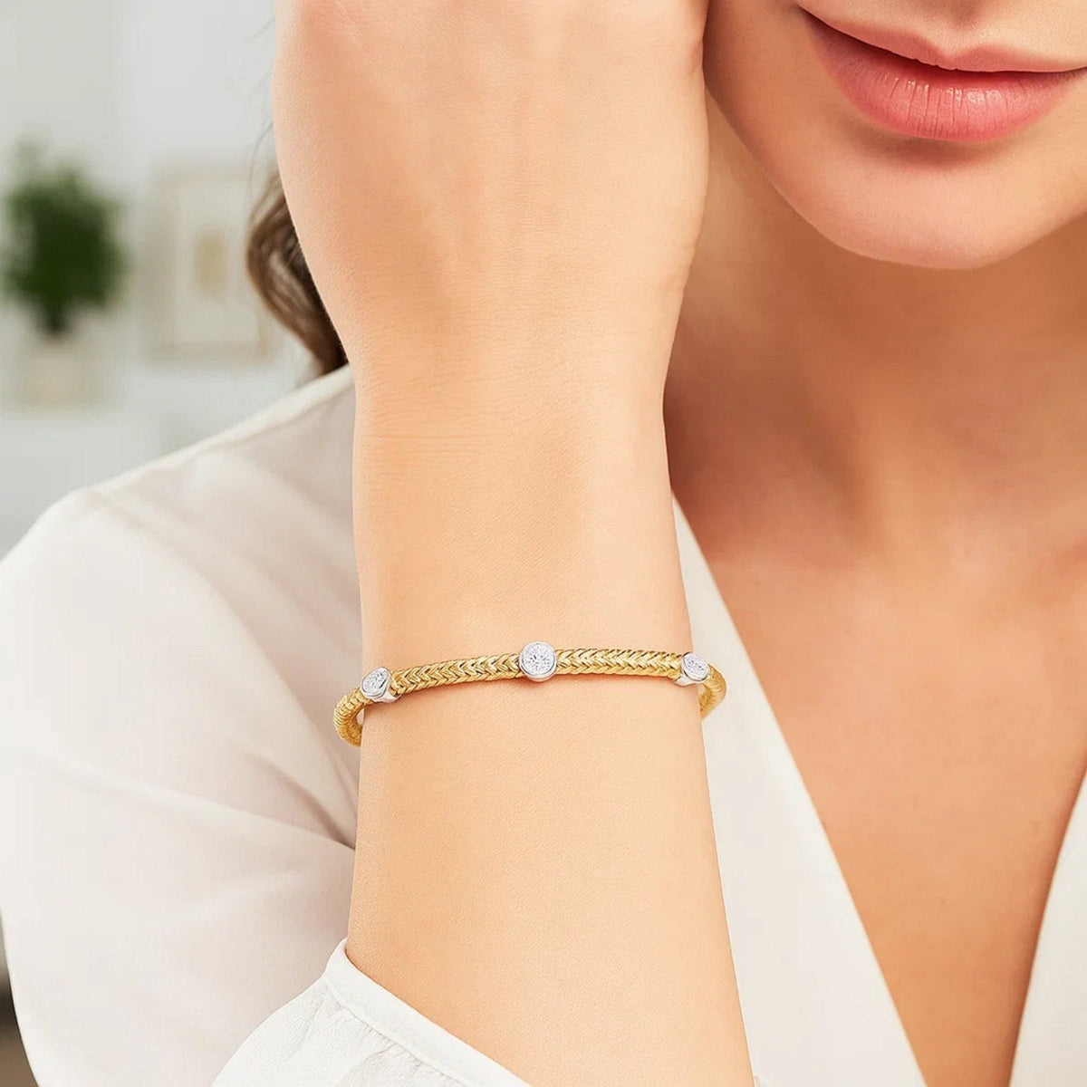 14k Two - Tone Gold Diamond Accent Station Basket Weave Bracelet - LinkagejewelrydesignLinkagejewelrydesign