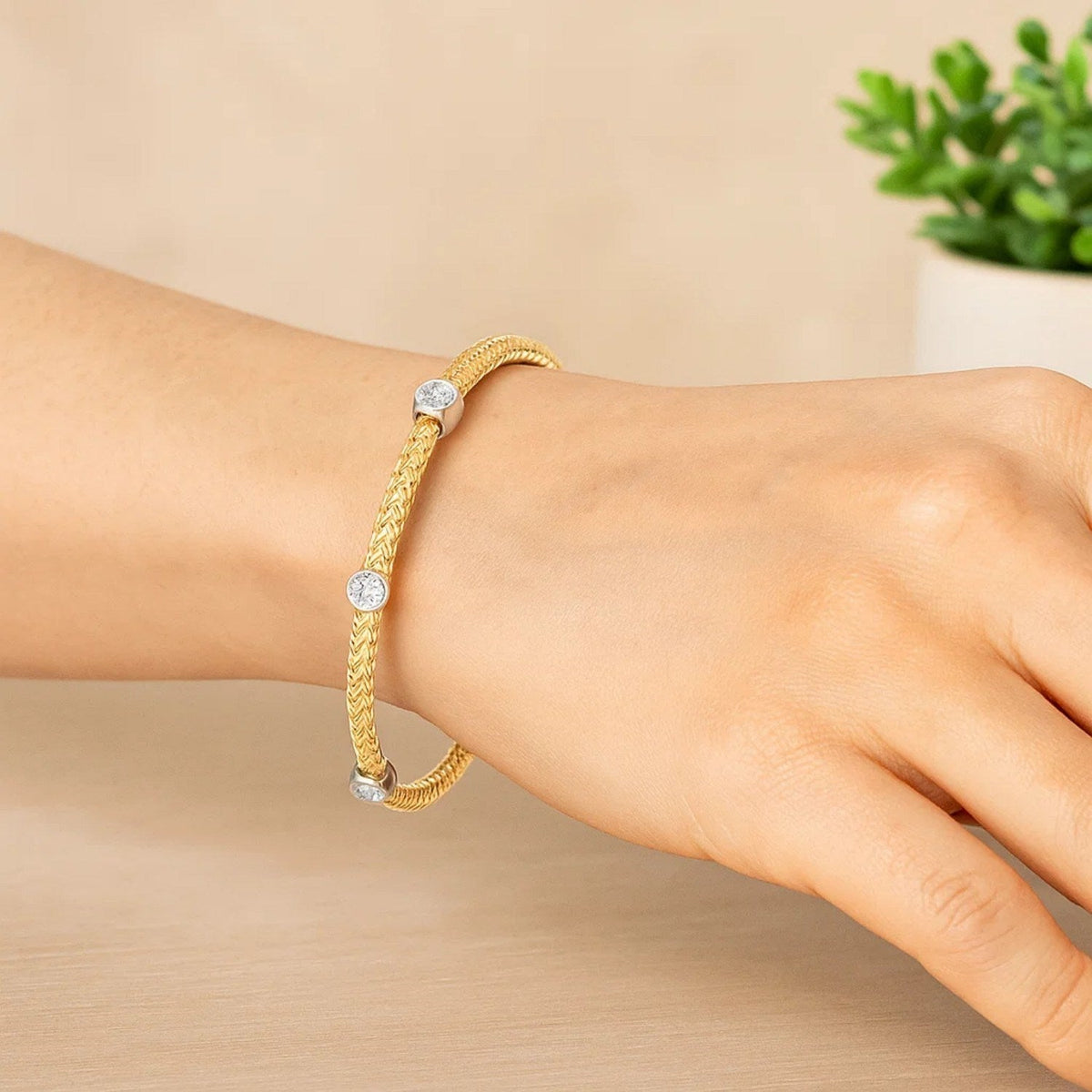 14k Two - Tone Gold Diamond Accent Station Basket Weave Bracelet - LinkagejewelrydesignLinkagejewelrydesign