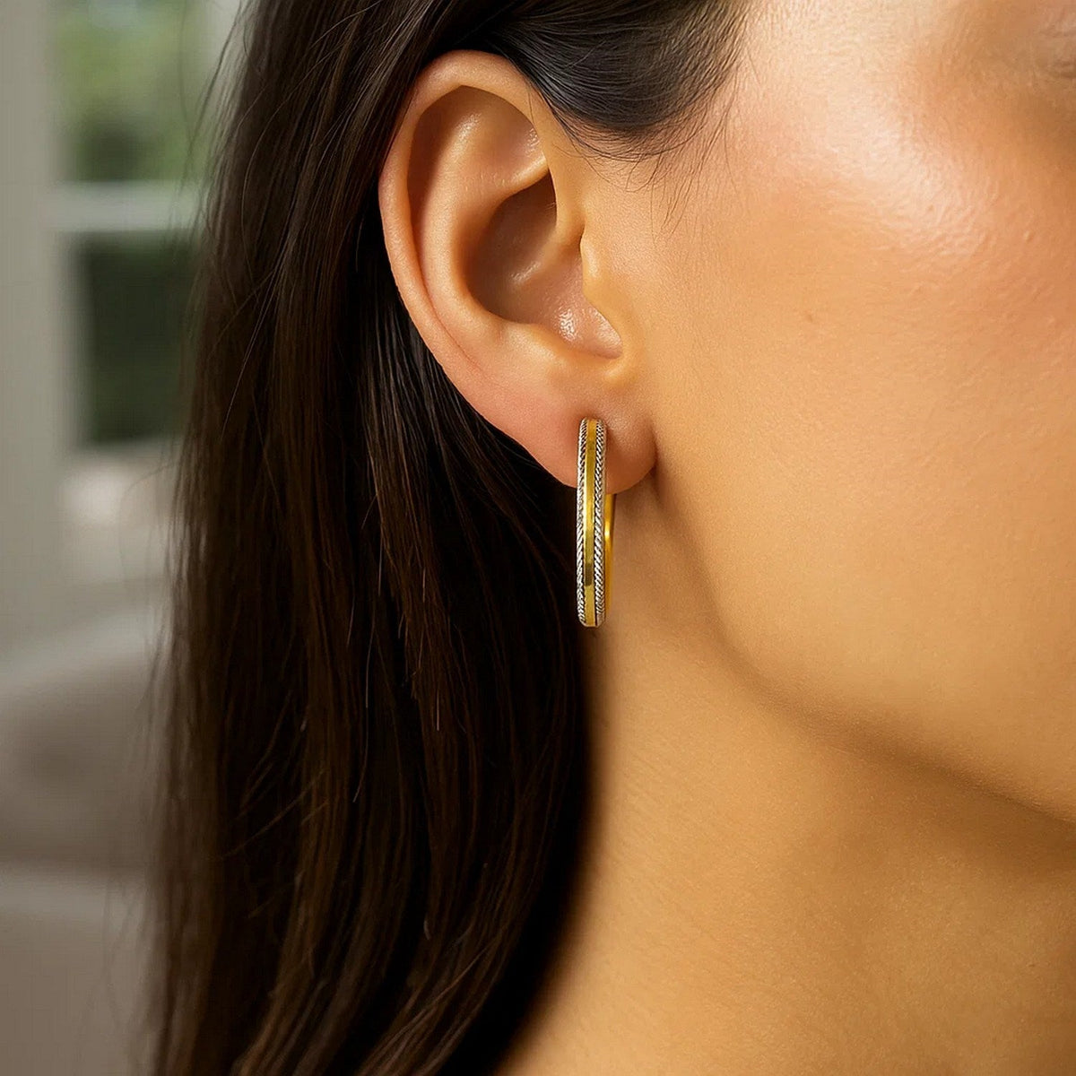 14K Two Tone Gold Diamond Cut Round Hoop Earrings - LinkagejewelrydesignLinkagejewelrydesign