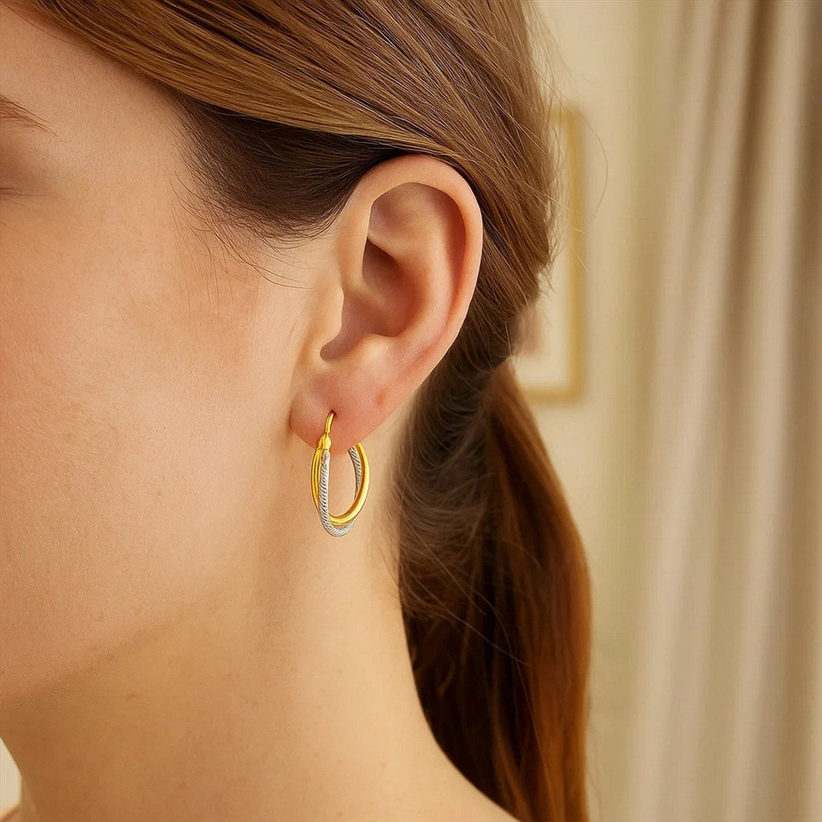 14k Two Tone Gold Double Polished and Textured Hoop Earrings - LinkagejewelrydesignLinkagejewelrydesign