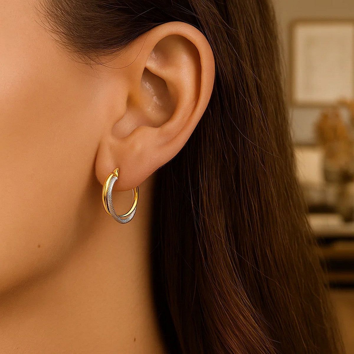 14k Two Tone Gold Double Polished and Textured Hoop Earrings - LinkagejewelrydesignLinkagejewelrydesign