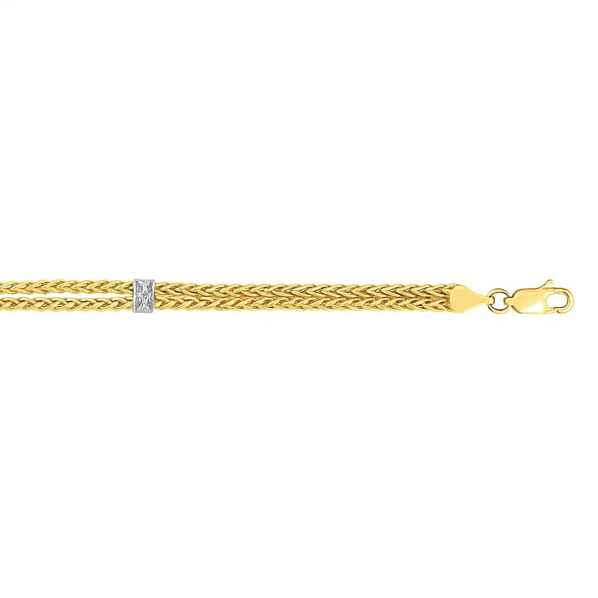 14k Two - Tone Gold Dual Wheat Chain Bracelet with Diamond Stations (.02 cttw) - LinkagejewelrydesignLinkagejewelrydesign