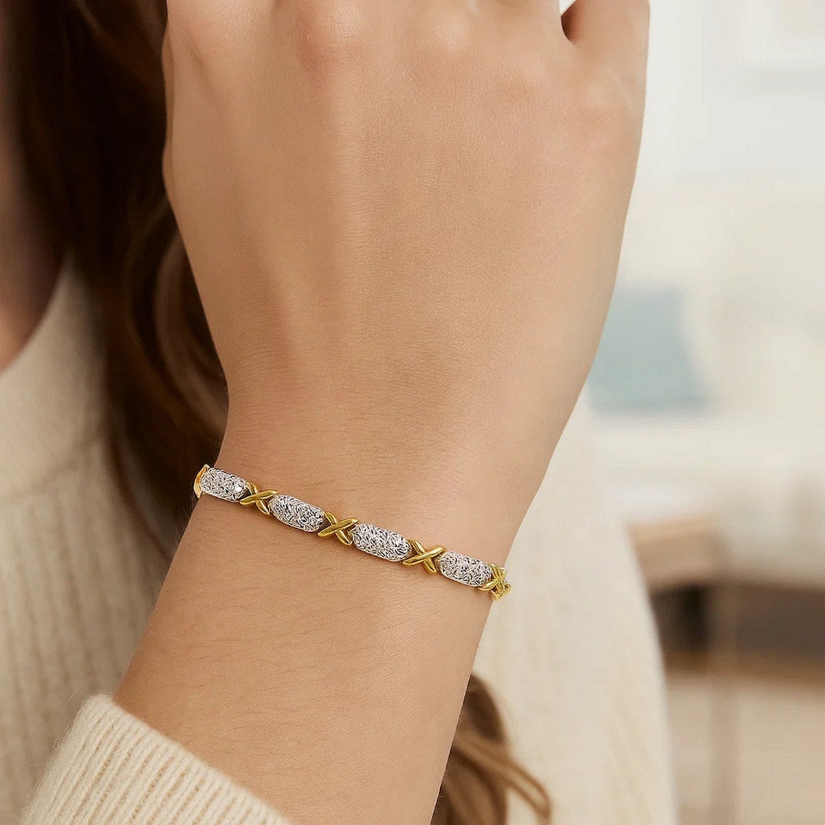 14k Two - Tone Gold Fancy X Line Bracelet (4.80 mm) - LinkagejewelrydesignLinkagejewelrydesign