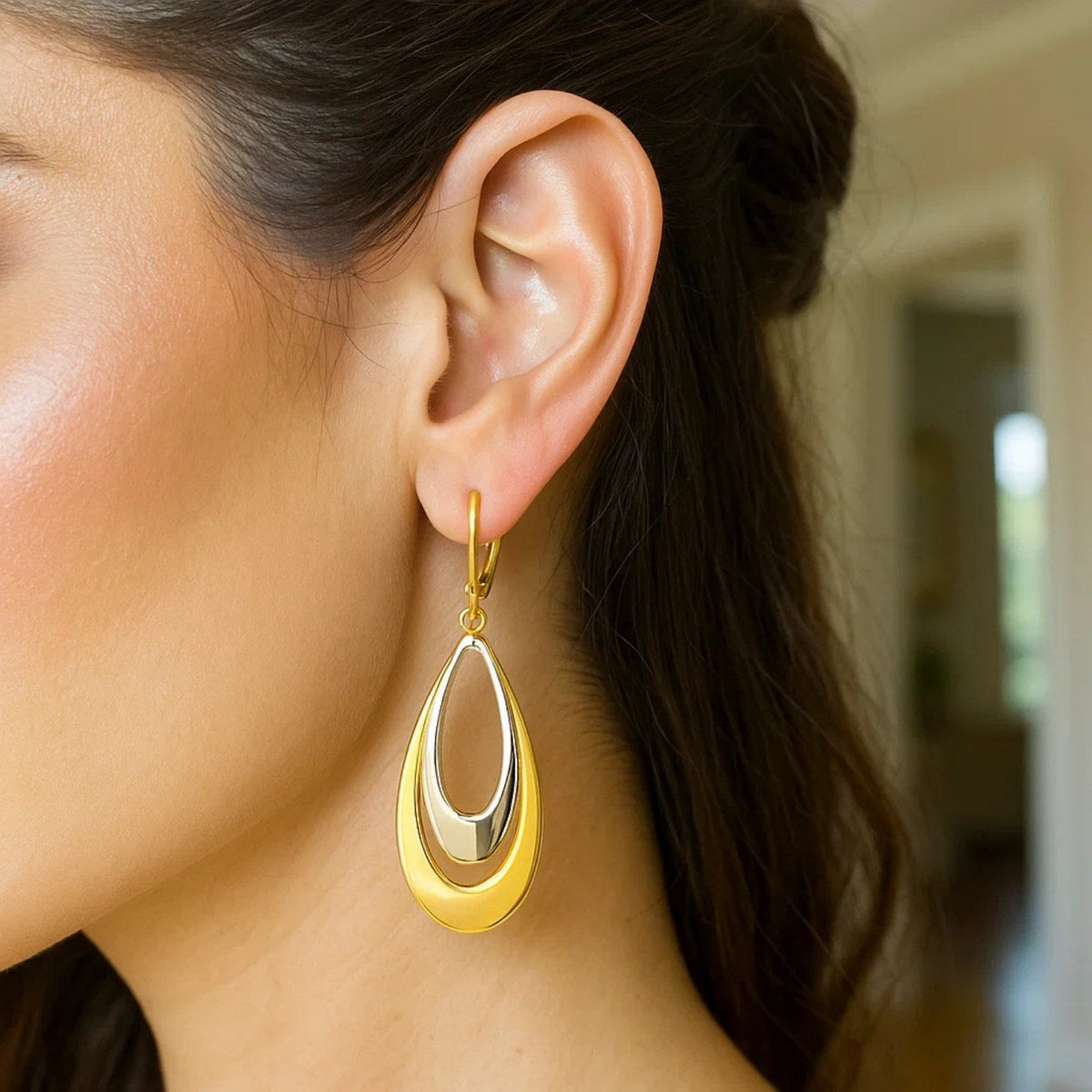 14k Two - Tone Gold Graduated Open Double Teardrop Earrings - LinkagejewelrydesignLinkagejewelrydesign