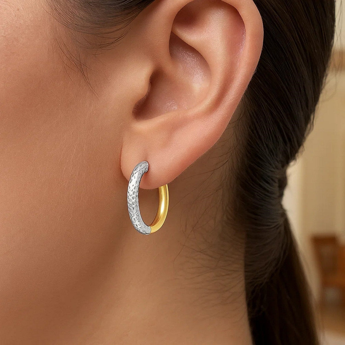 14k Two - Tone Gold Hoop Earrings with Textured Style(2.5x15mm) - LinkagejewelrydesignLinkagejewelrydesign