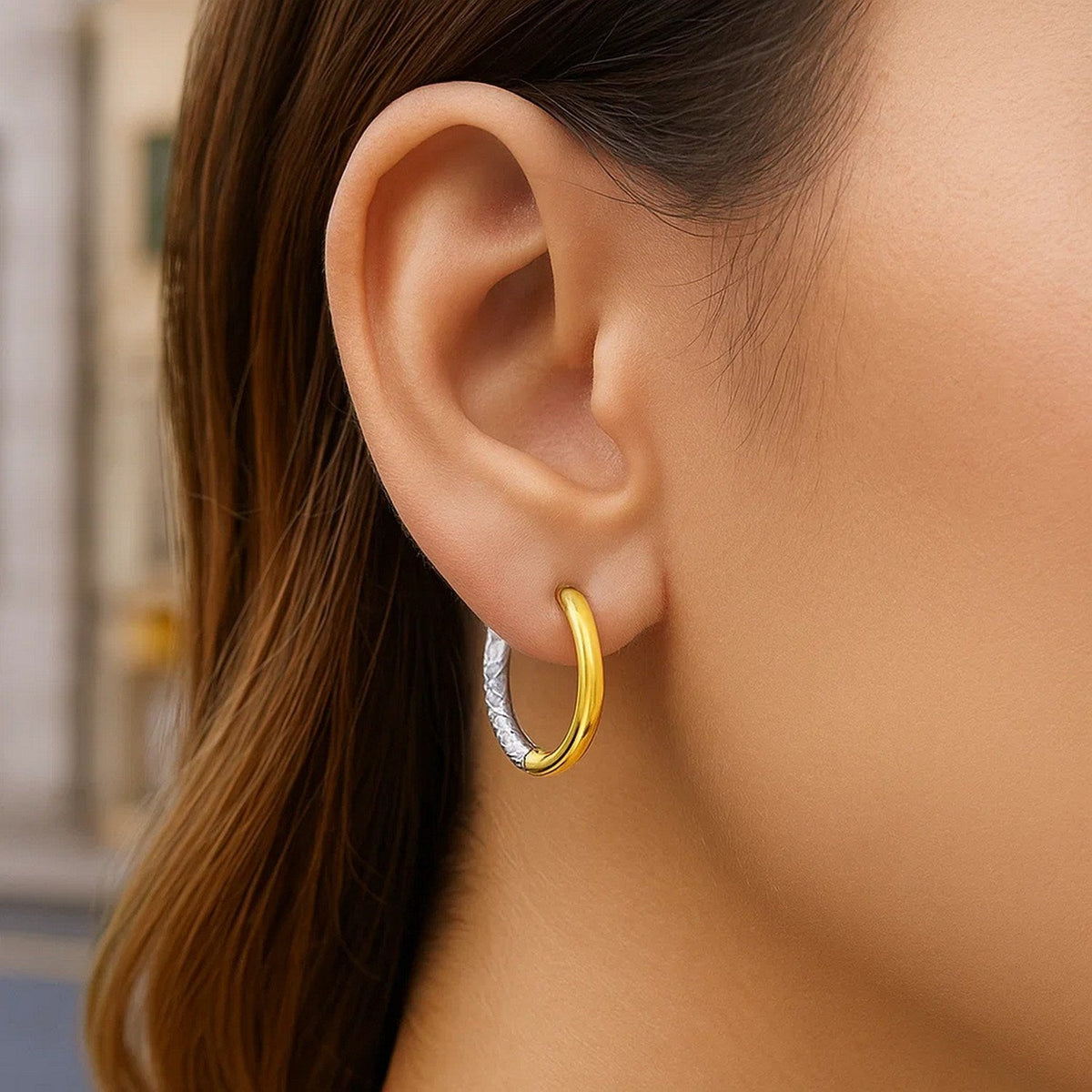 14k Two - Tone Gold Hoop Earrings with Textured Style(2.5x15mm) - LinkagejewelrydesignLinkagejewelrydesign