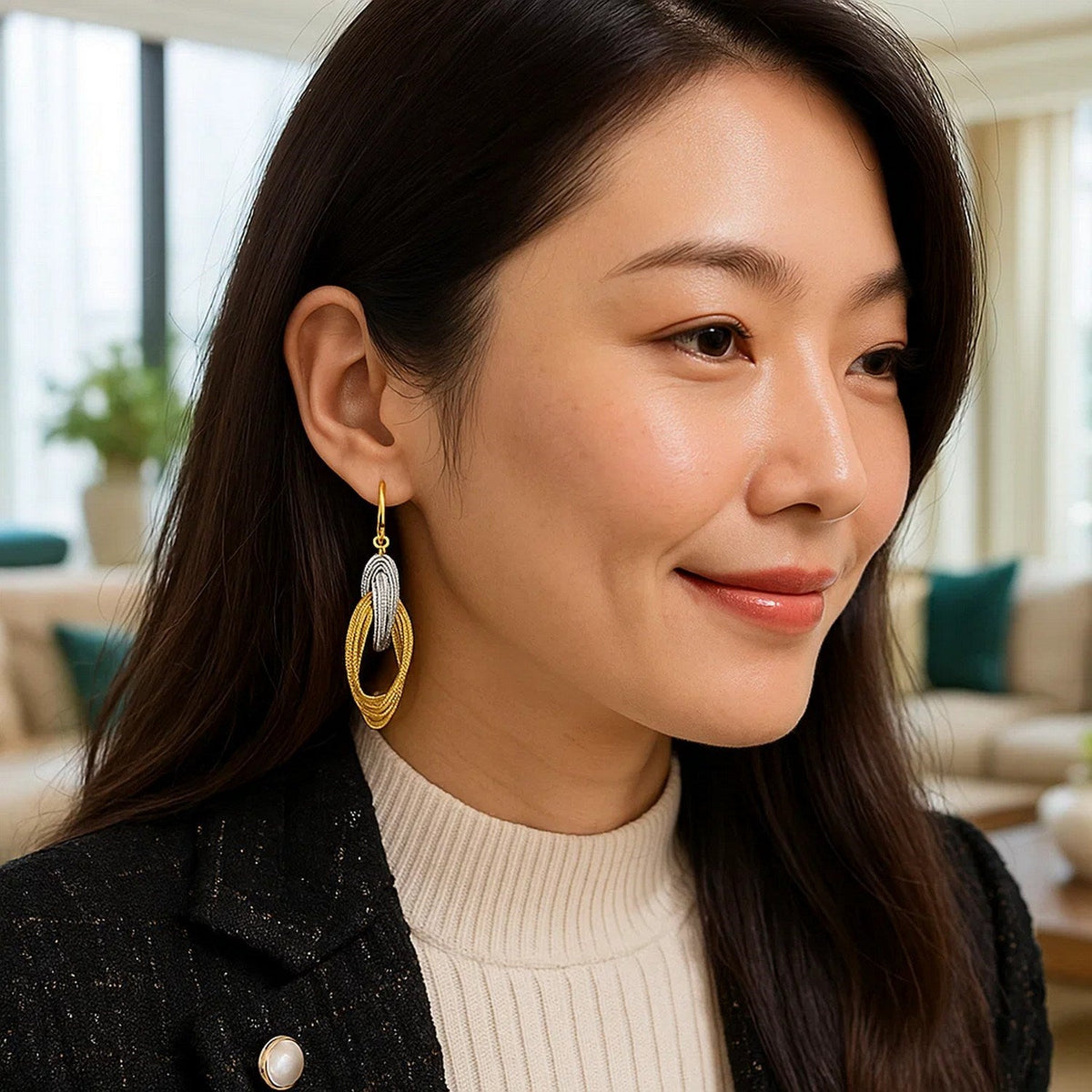 14k Two - Tone Gold Interlaced Multiple Row Earrings - LinkagejewelrydesignLinkagejewelrydesign