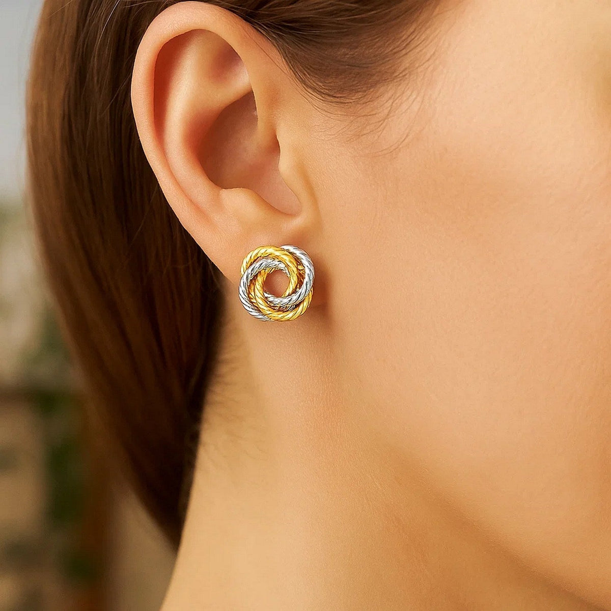 14k Two Tone Gold Love Knot Earrings - LinkagejewelrydesignLinkagejewelrydesign