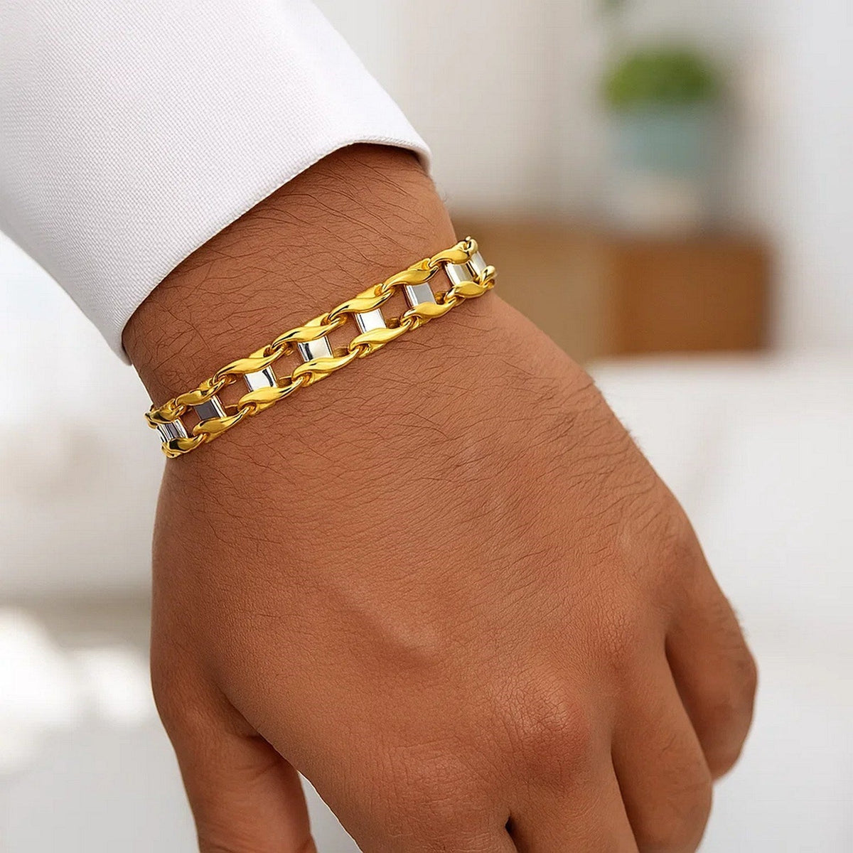 14k Two - Tone Gold Mens Bracelet with S Style Bar Links (7.85 mm) - LinkagejewelrydesignLinkagejewelrydesign