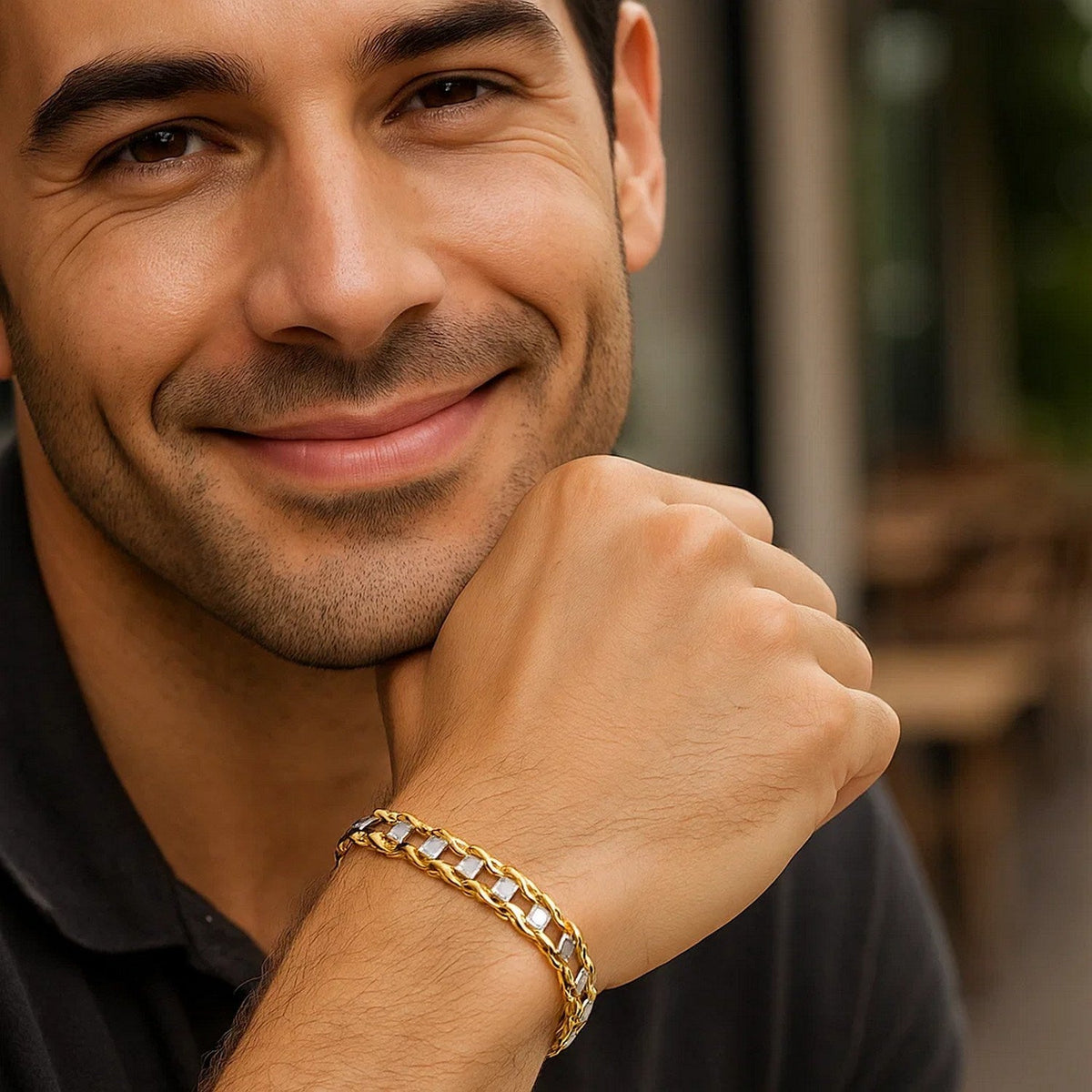 14k Two - Tone Gold Mens Bracelet with S Style Bar Links (7.85 mm) - LinkagejewelrydesignLinkagejewelrydesign