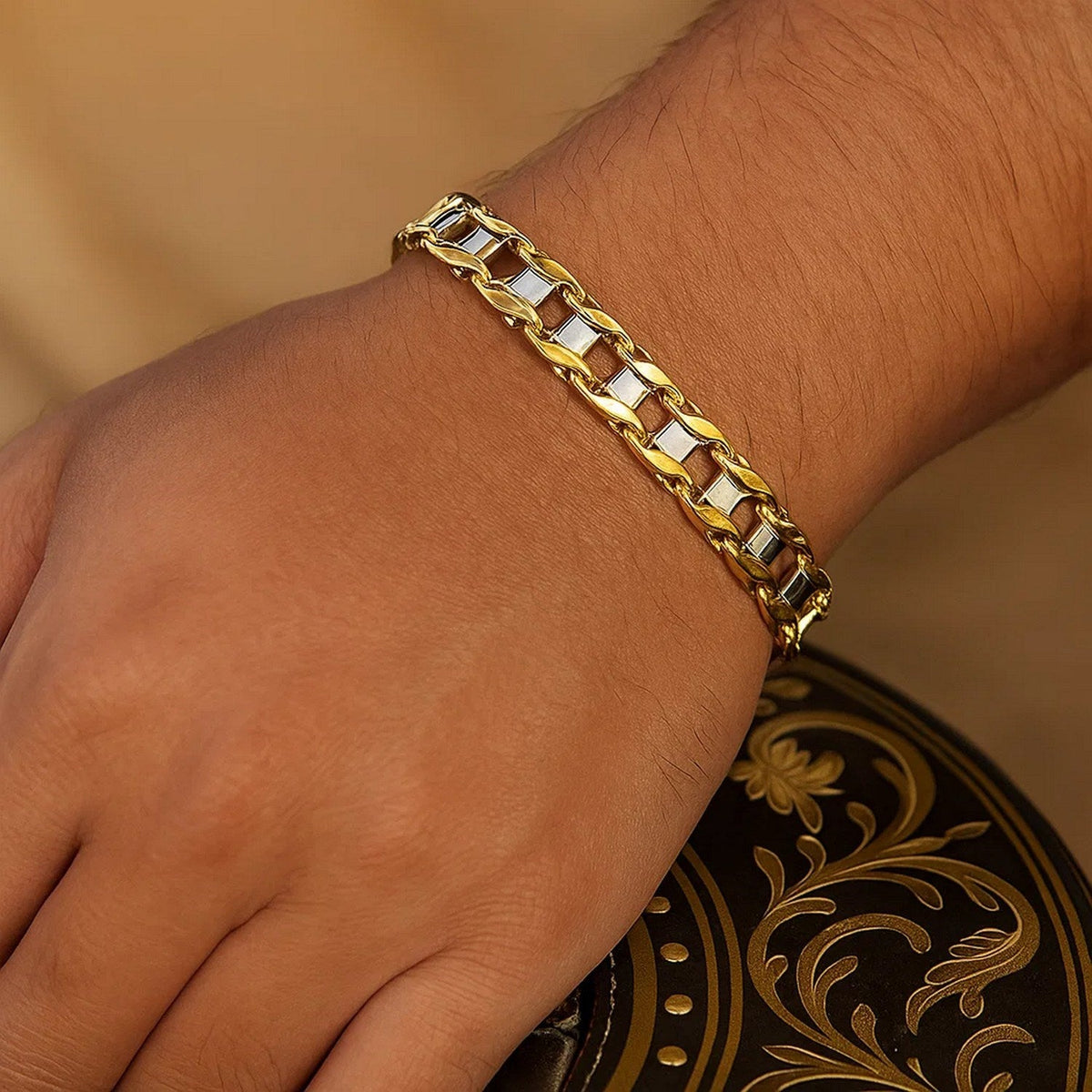 14k Two - Tone Gold Mens Bracelet with S Style Bar Links (7.85 mm) - LinkagejewelrydesignLinkagejewelrydesign
