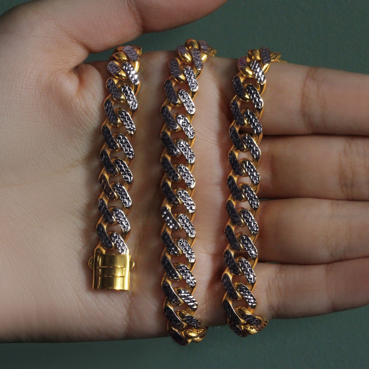 14k Two Tone Gold Miami Cuban Chain Necklace with White Pave - LinkagejewelrydesignLinkagejewelrydesign