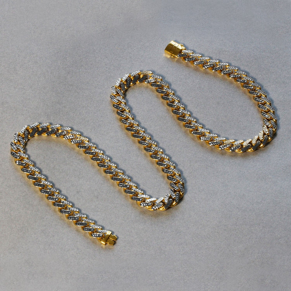 14k Two Tone Gold Miami Cuban Chain Necklace with White Pave - LinkagejewelrydesignLinkagejewelrydesign